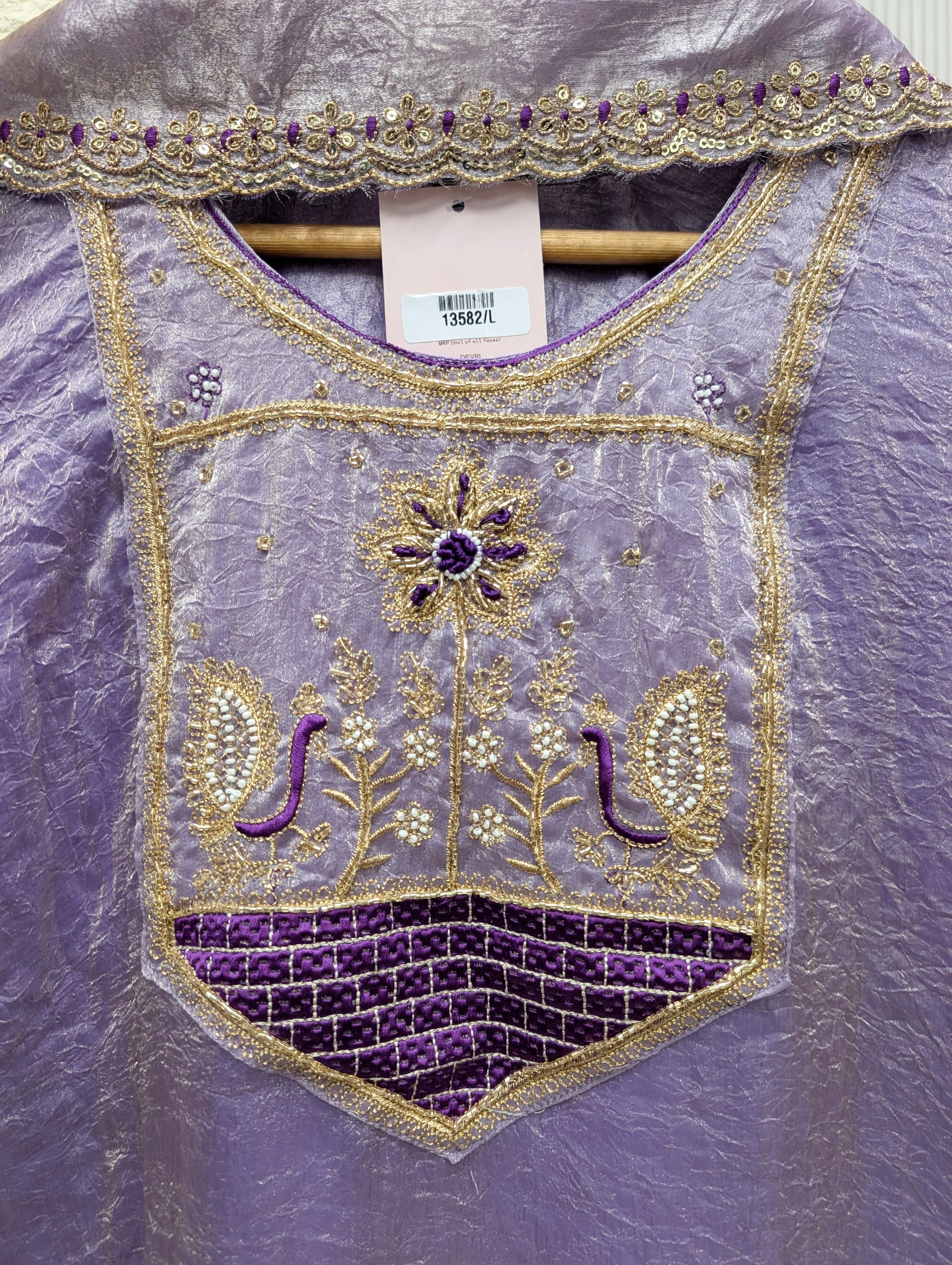 Meher Tissue Silk Embroidered Lavender 3-Piece Set (Devri – D.No 13582)