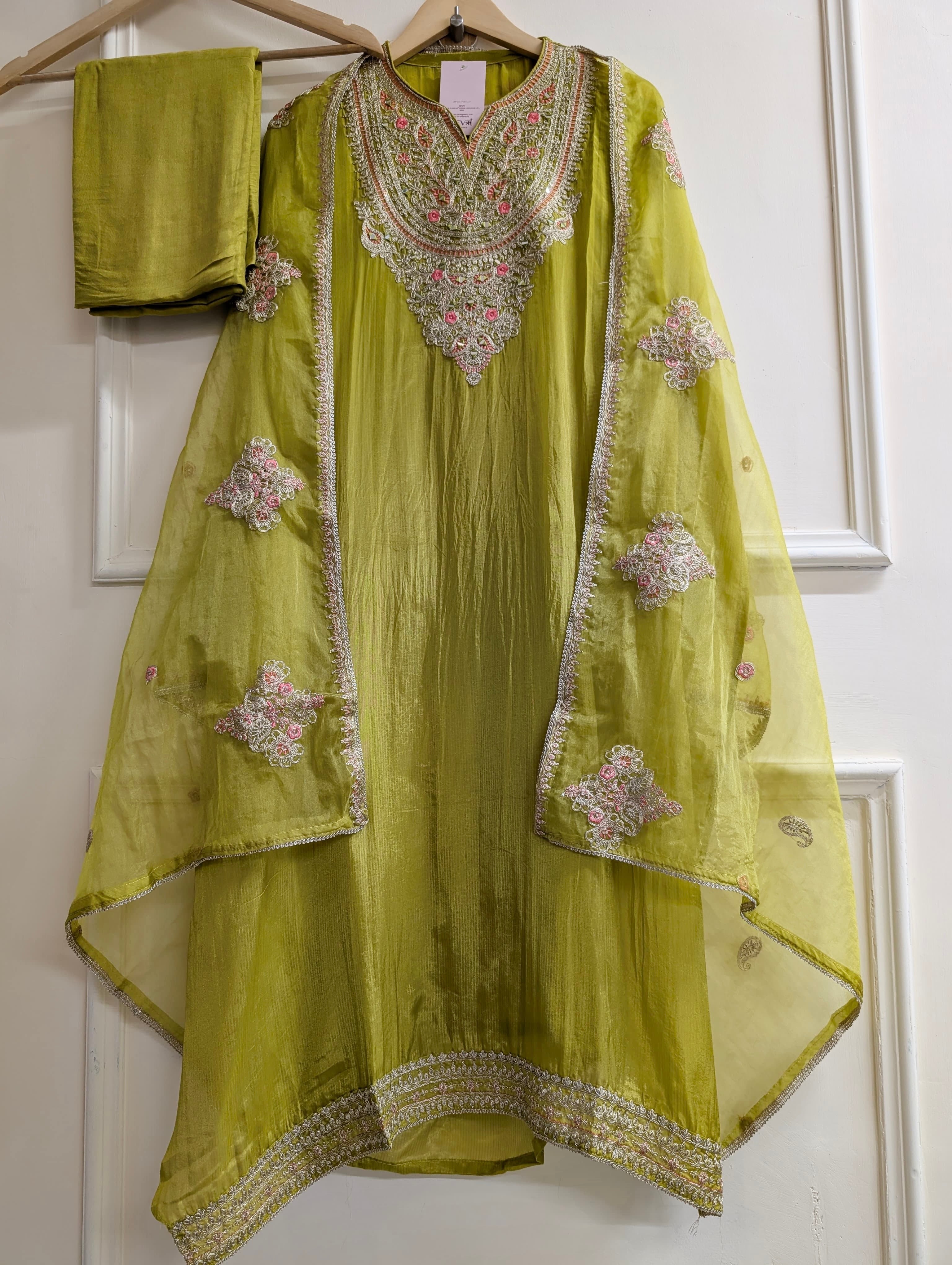 Olive Tissue Organza Silk Embroidered Unstitched 3-Piece Suit (Devri – D.No 13806)
