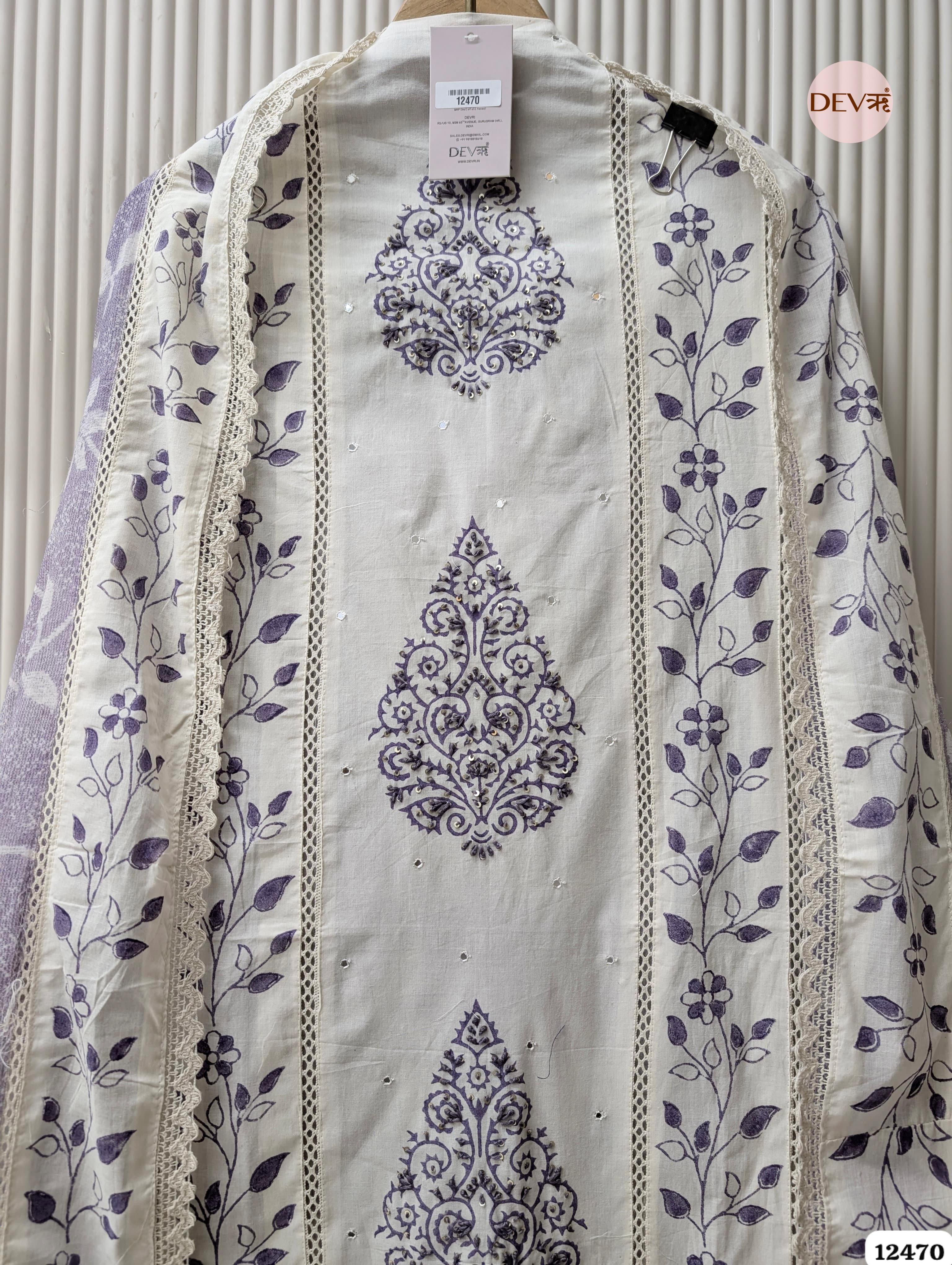 Lavender & White Pure Cotton Printed & Embroidered Unstitched 3-Piece Suit (Devri – D.No 12470)