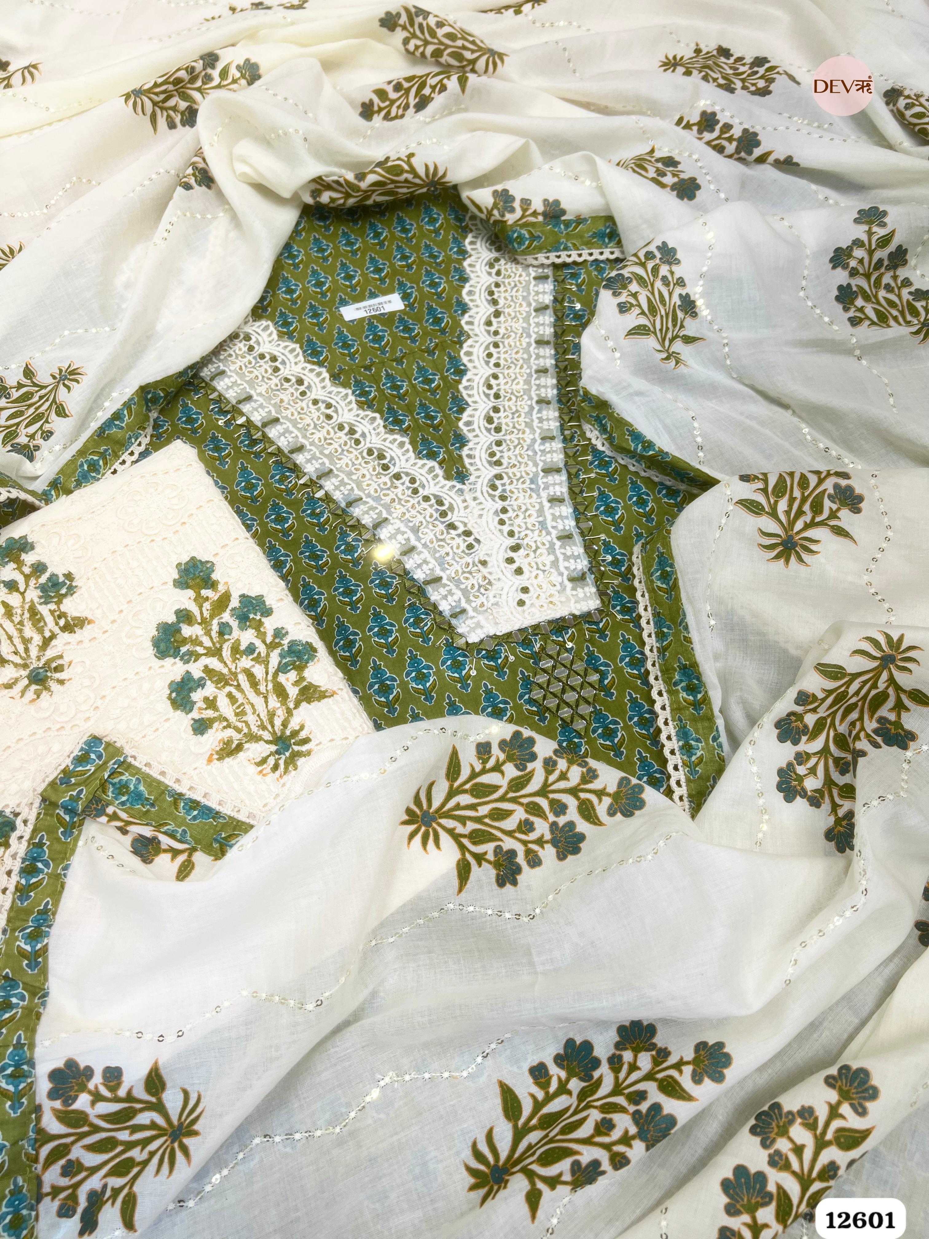 Olive Green Cotton Printed Unstitched 3-Piece Suit (Devri – D.No 12601)