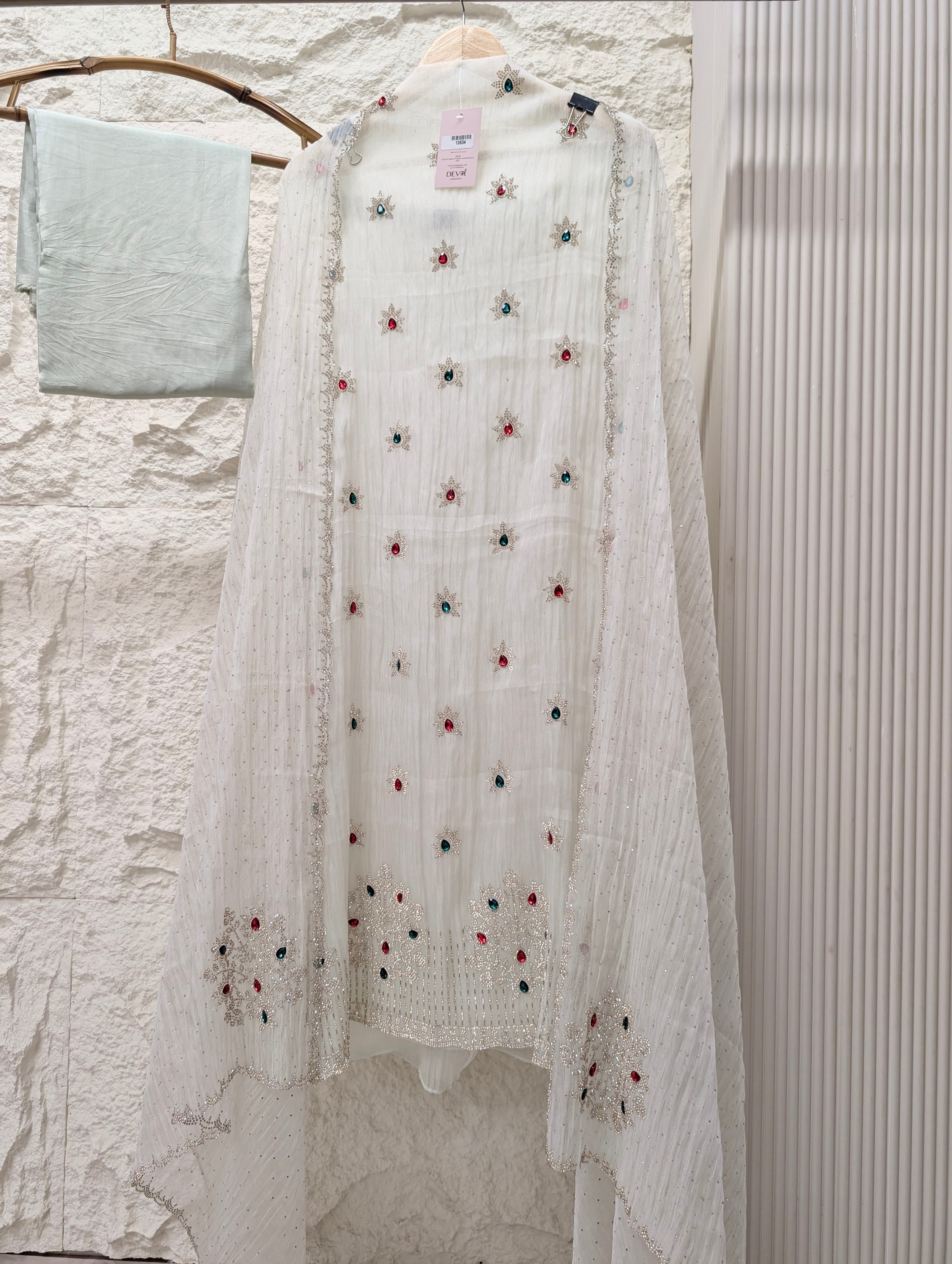 Off White Pure Organza Silk Embroidered Unstitched 3-Piece Suit (Devri – D.No 13634)