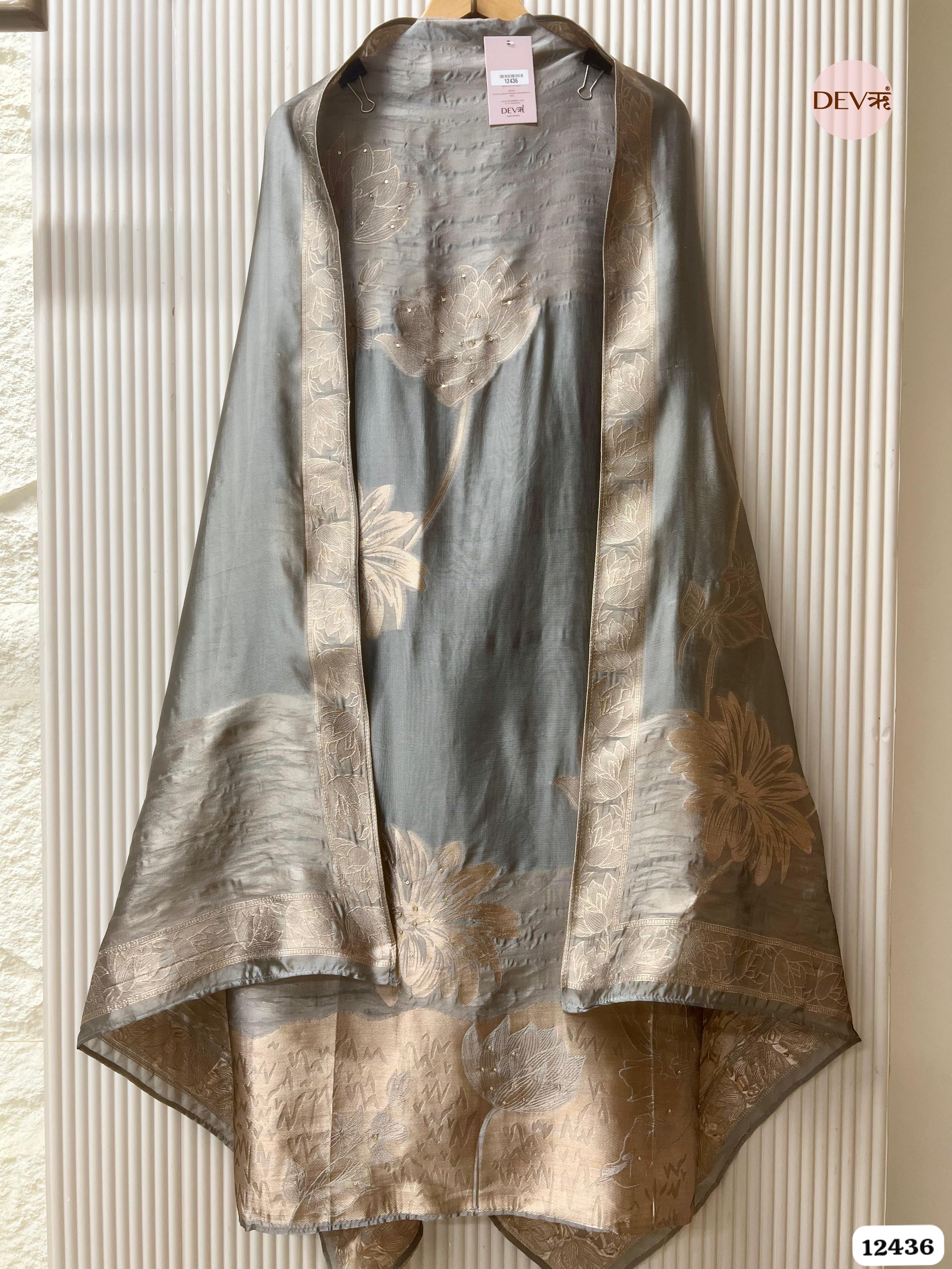 Steel Grey Banarasi Silk Printed Unstitched 3-Piece Suit (Devri – D.No. 12436)
