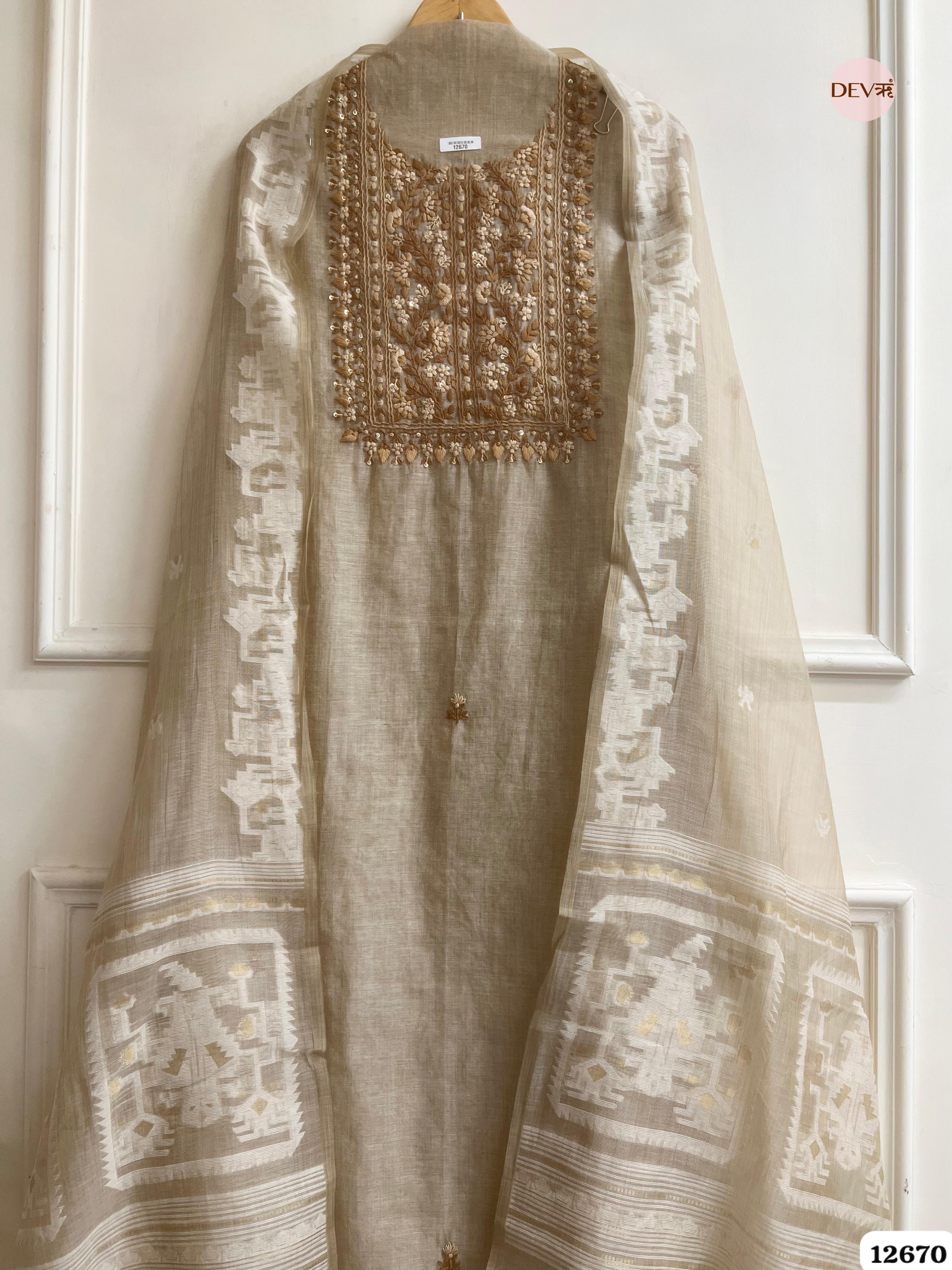 Beige Mul Chanderi Embroidered Unstitched 3-Piece Suit (Devri – D.No 12670)