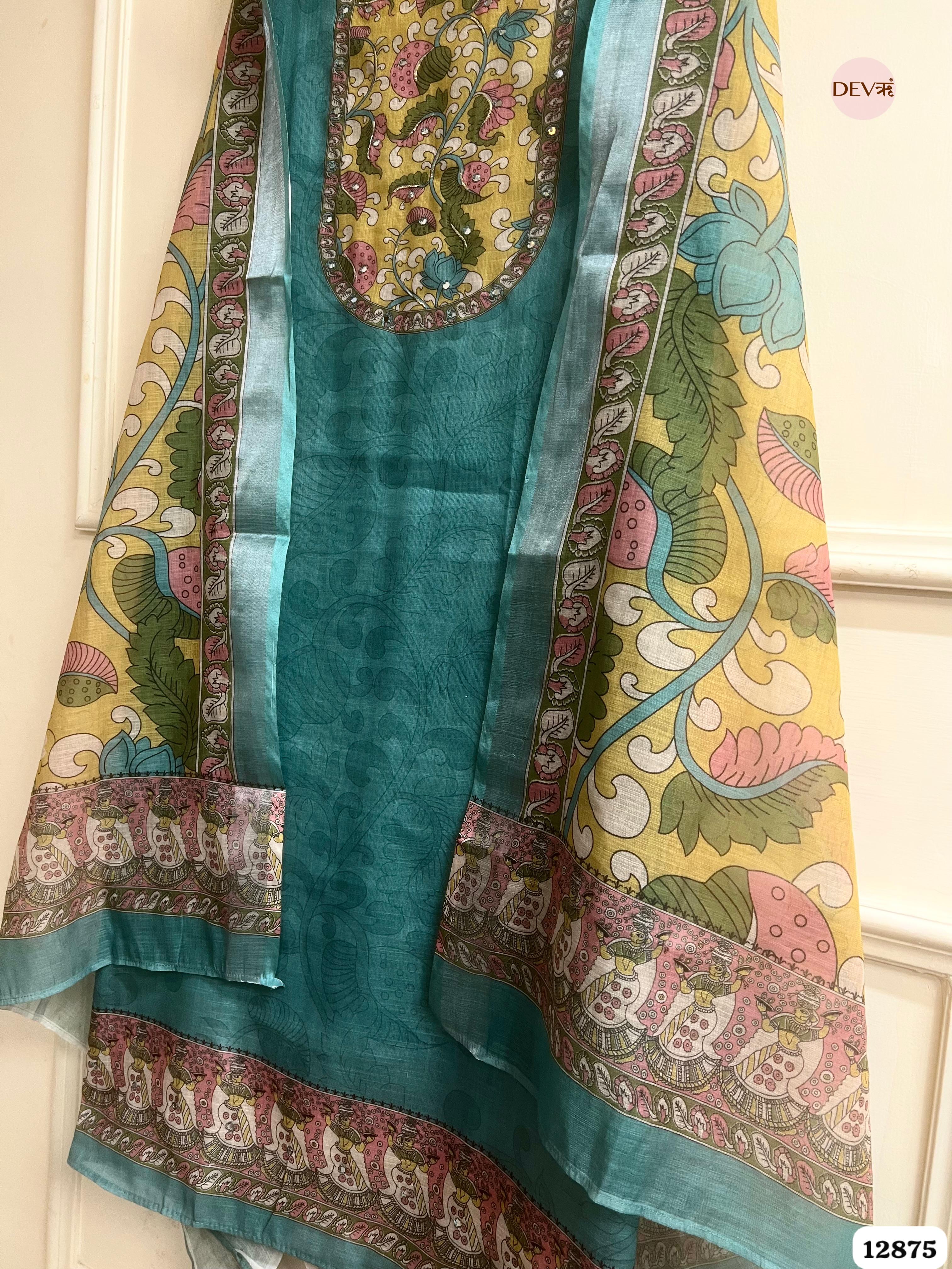 Teal Blue Linen Cotton Printed Unstitched 3-Piece Suit (Devri – D.No 12875)