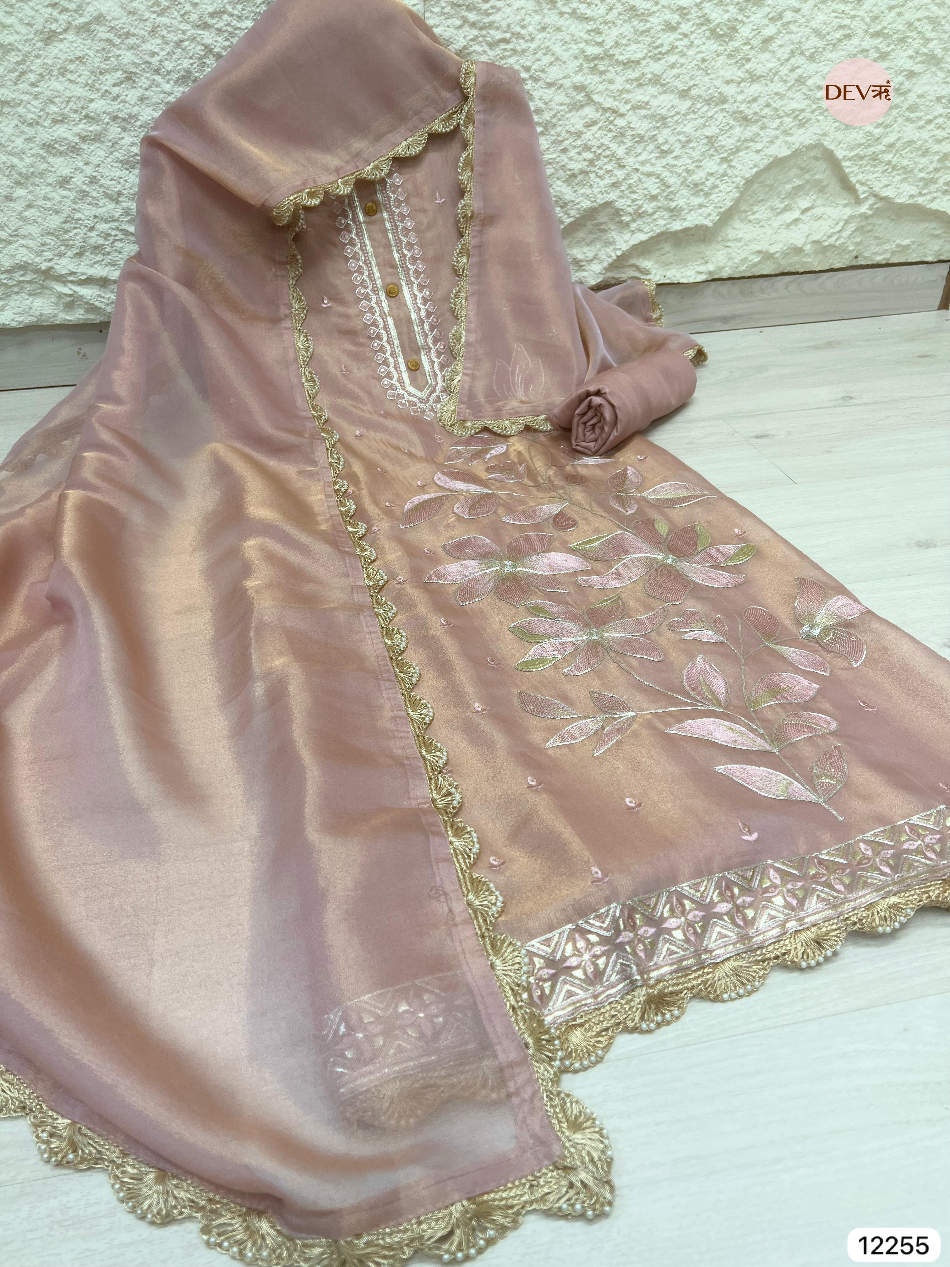Rose Gold Shimmer Silk Embroidered Unstitched 3-Piece Suit (Devri – D.No 12255)