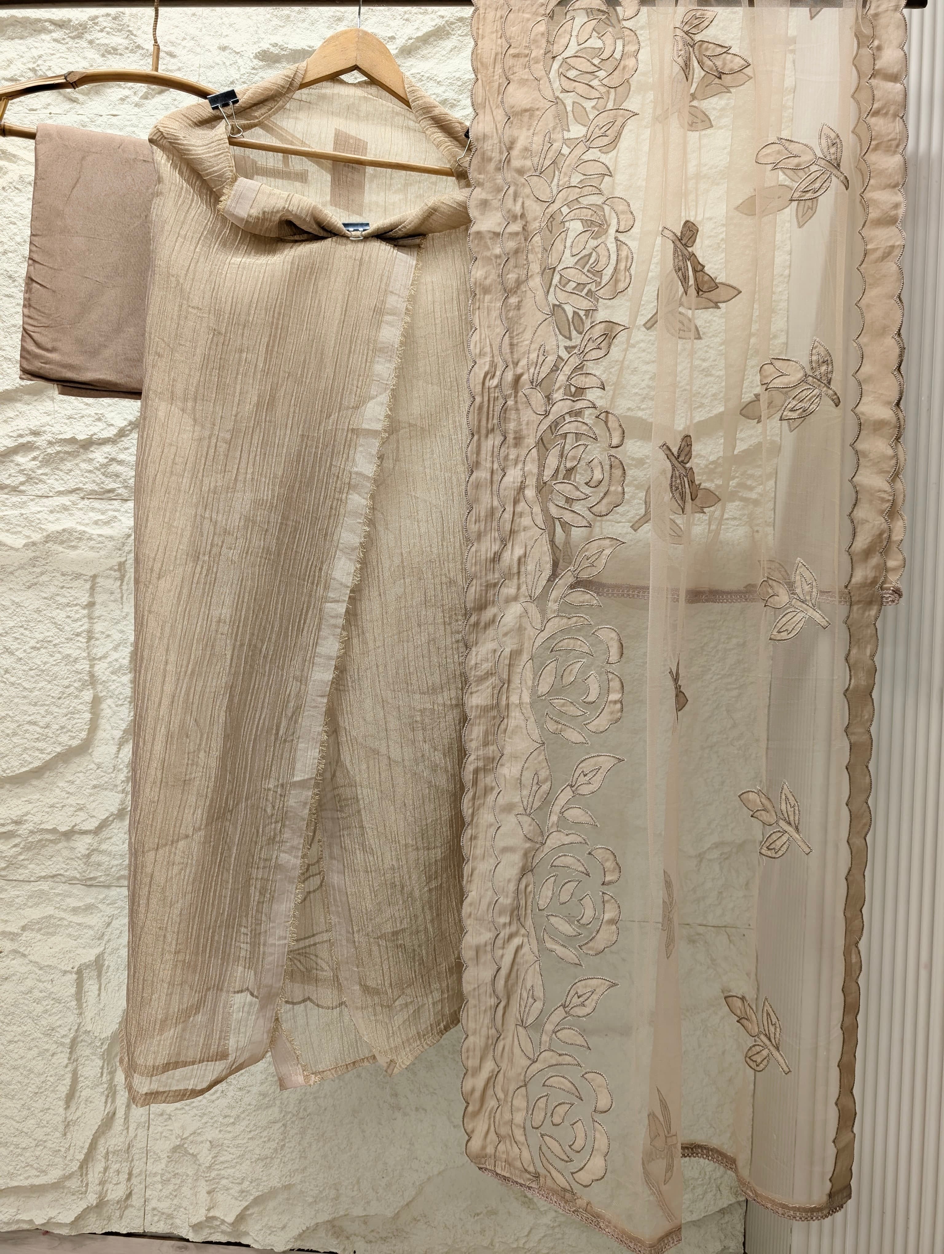 Beige Tissue Silk Embroidered Unstitched 3-Piece Suit (Devri – D.No 13722)