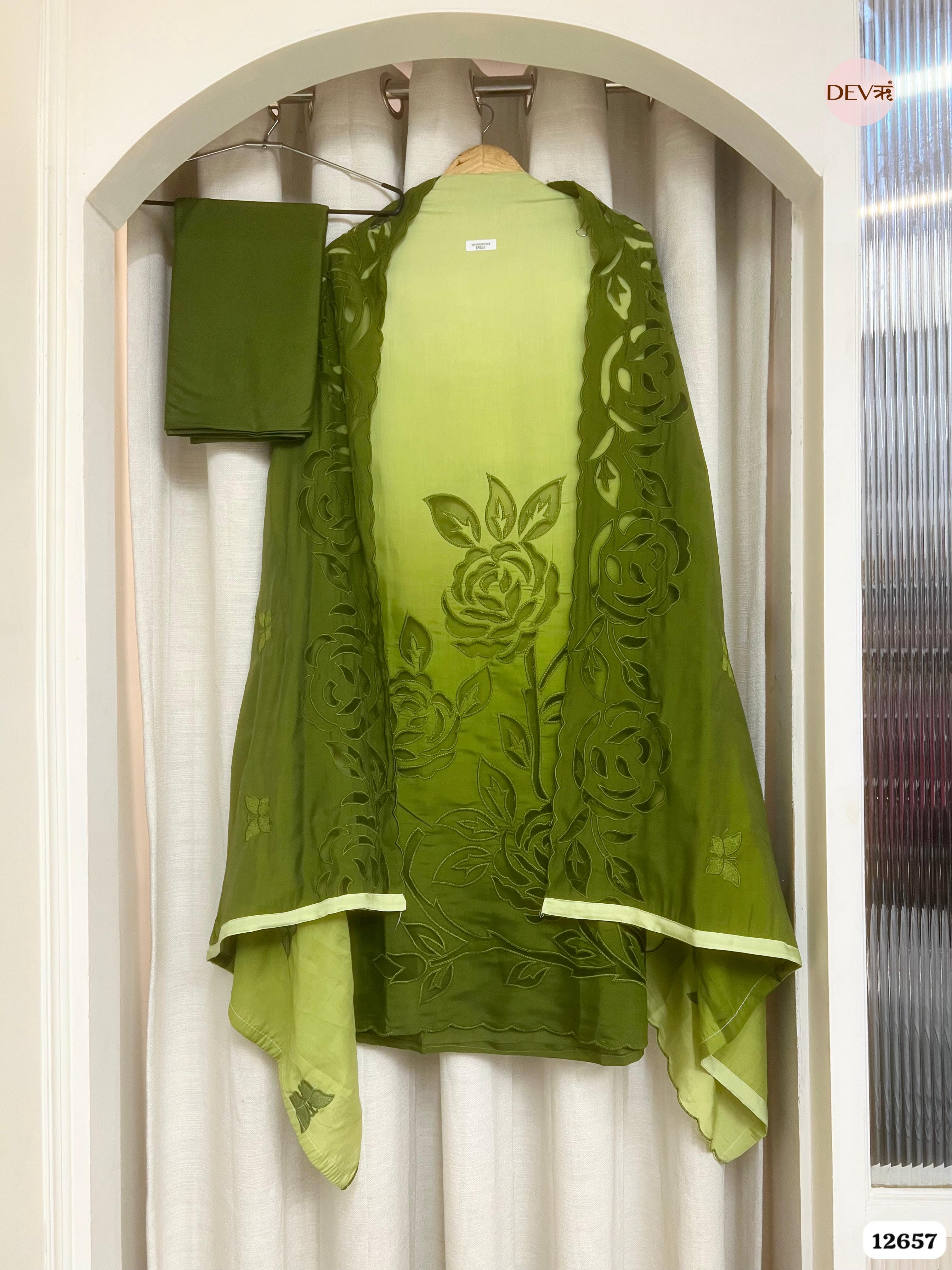 Ombre Green Mul Chanderi Embroidered Unstitched 3-Piece Suit (Devri – D.No 12657)