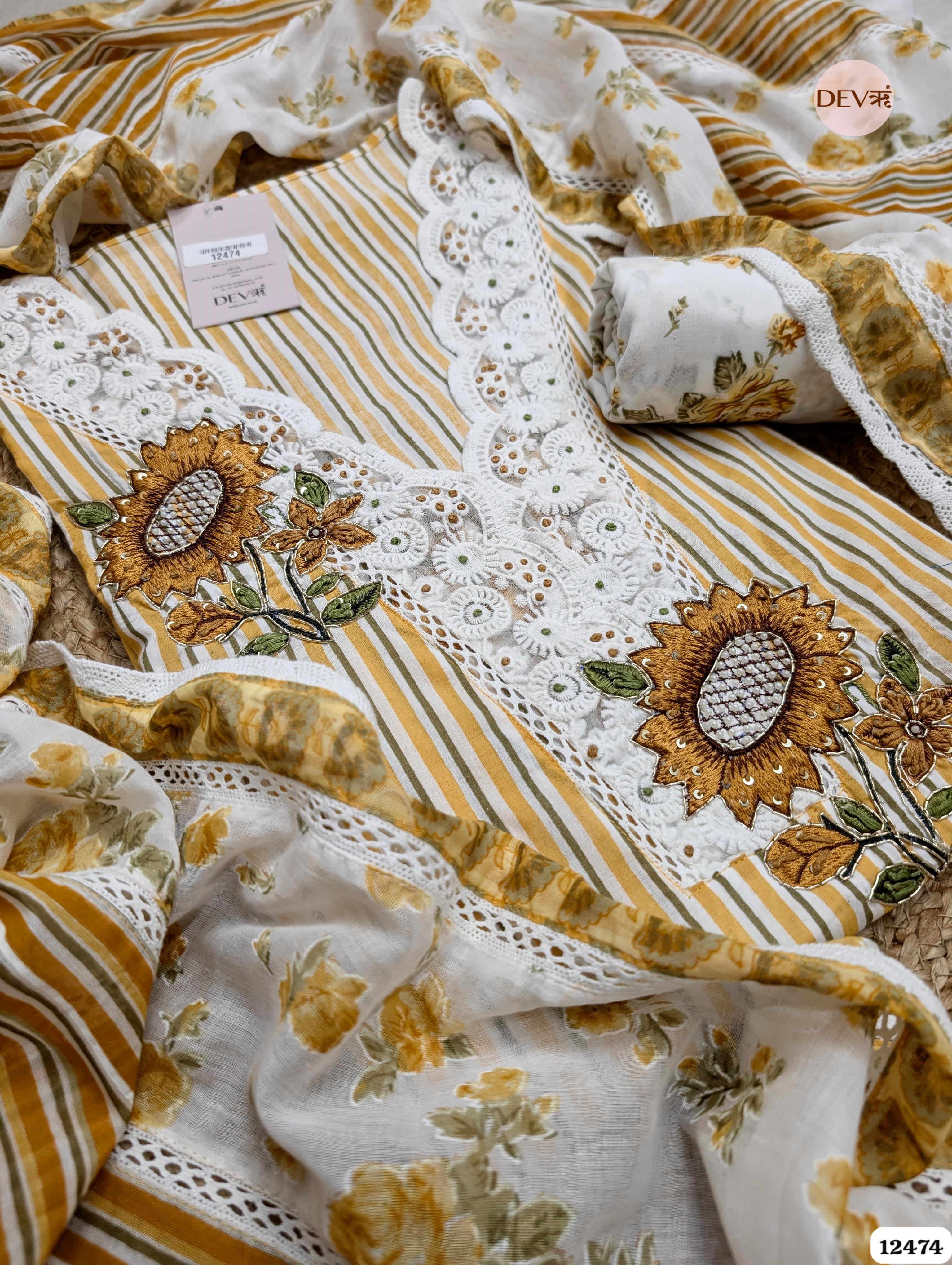 Mustard Yellow Pure Cotton Embroidered Unstitched 3-Piece Suit (Devri – D.No. 12474)