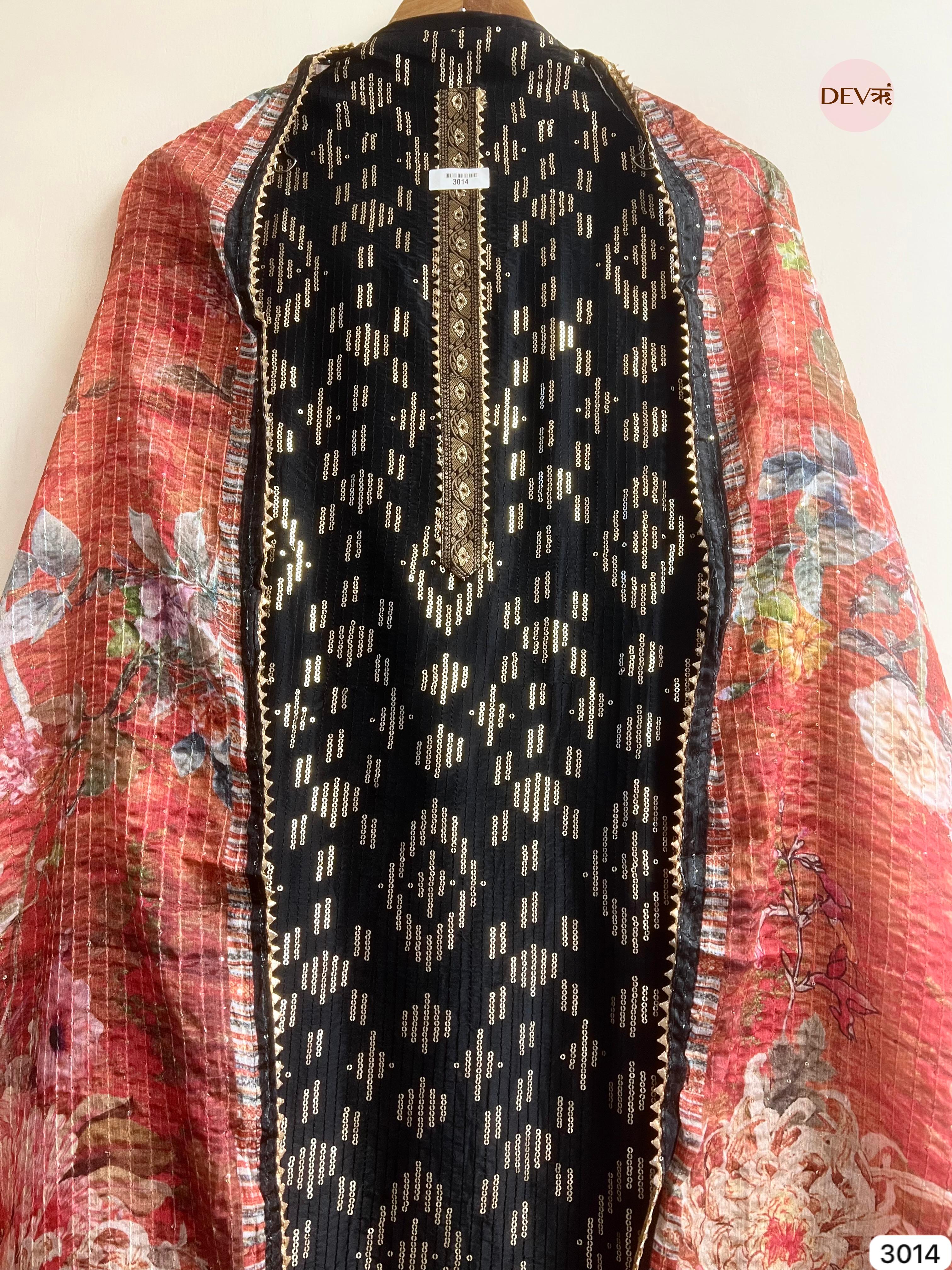 Black Upada Silk Embroidered Unstitched 3-Piece Suit (Devri – D.No 3014)