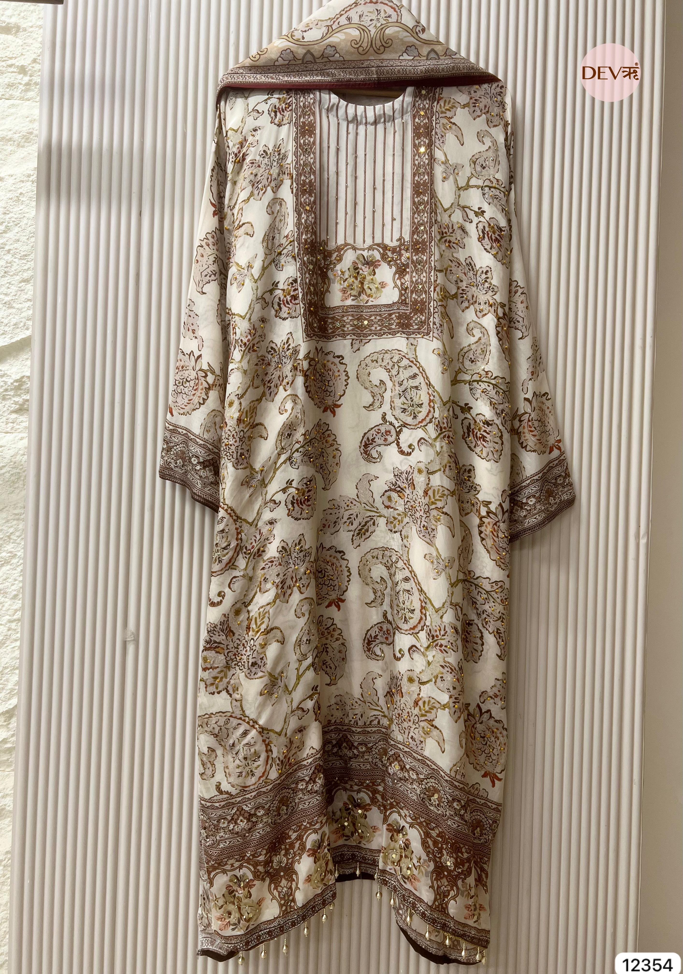 Ivory Organza Silk Printed Unstitched 3-Piece Suit (Devri – D.No 12354)