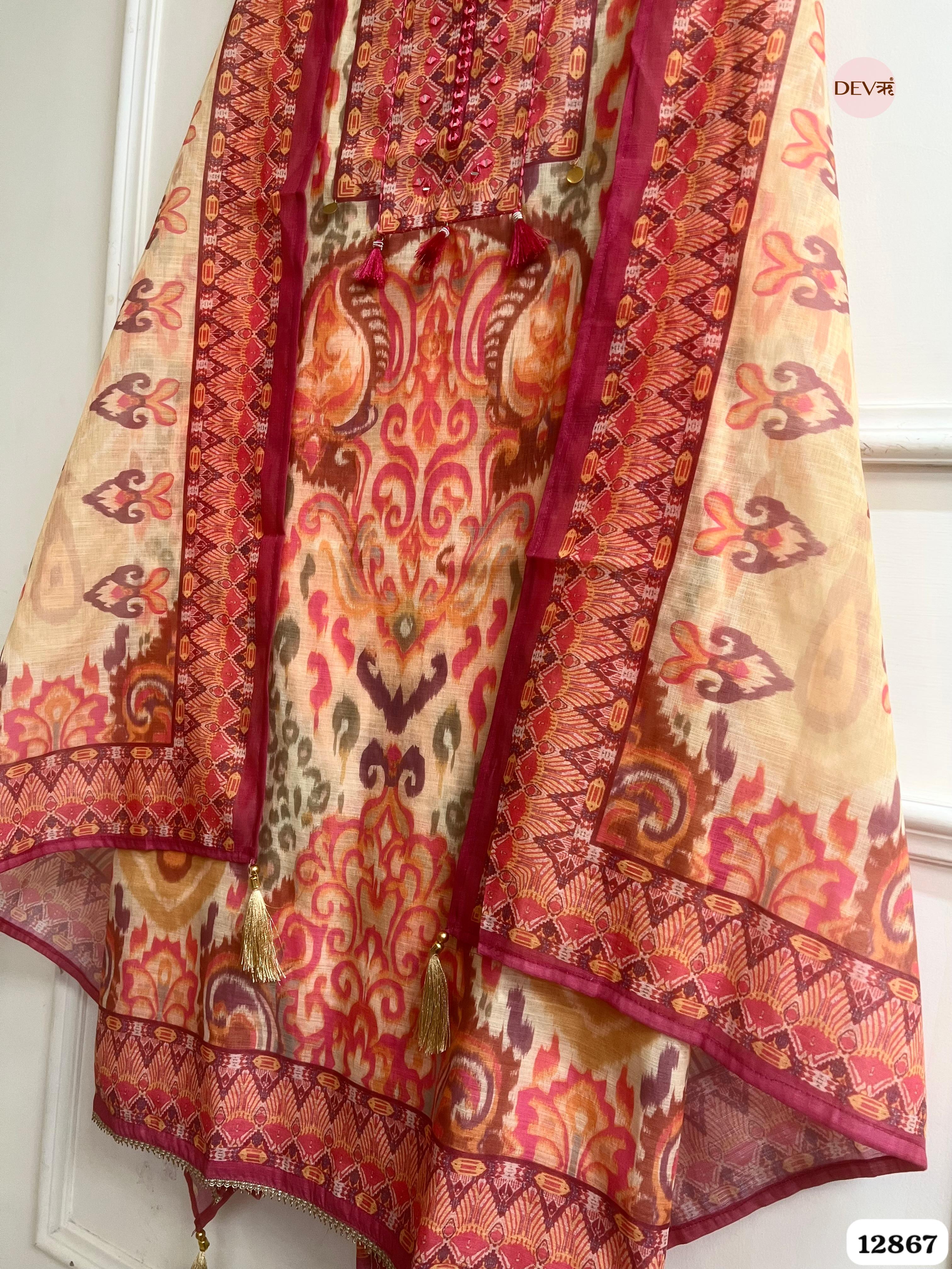Pink Linen Cotton Printed Unstitched 3-Piece Suit (Devri – D.No 12867)