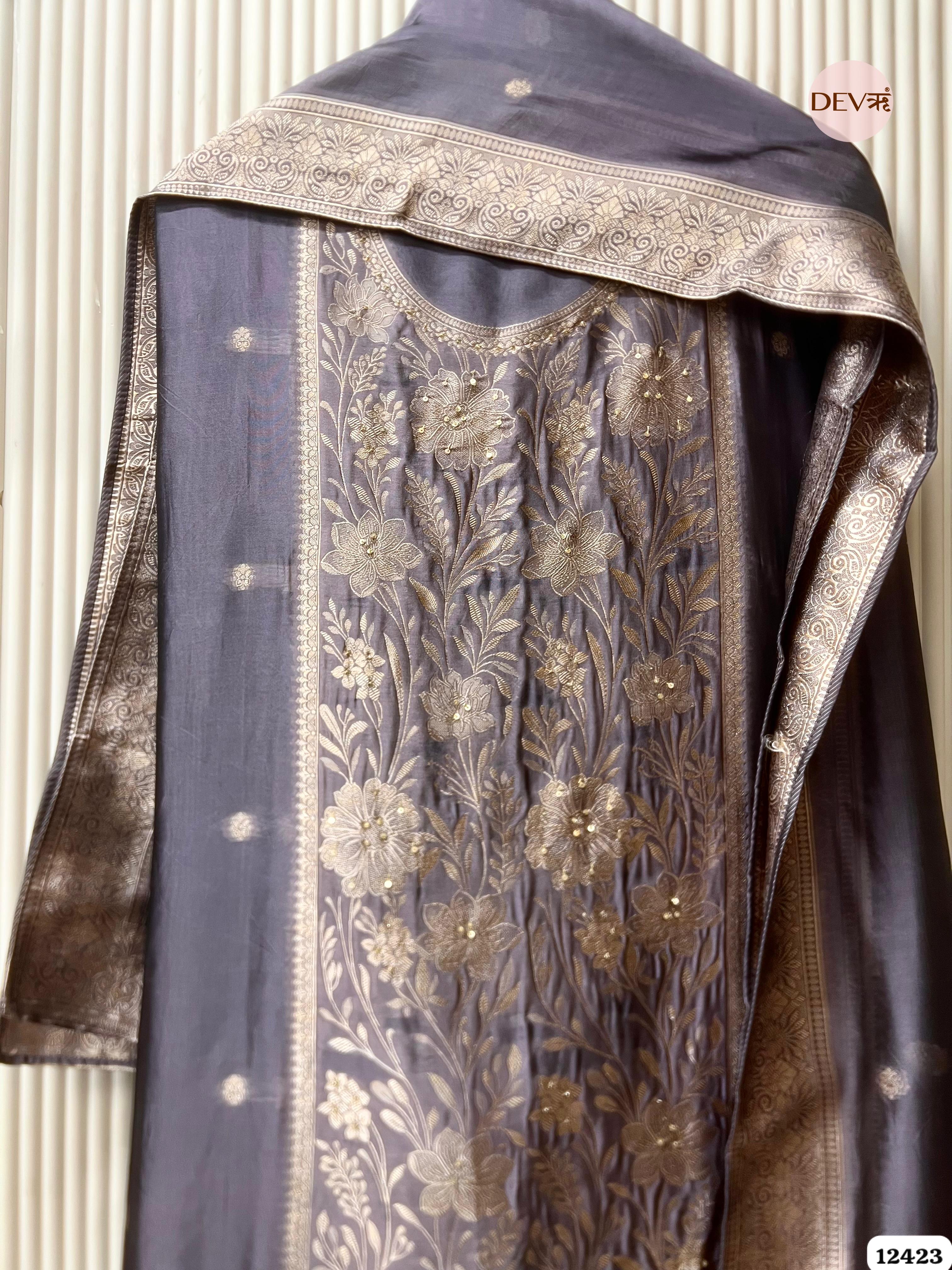 Dusty Mauve Banarasi Silk Embroidered Unstitched 3-Piece Suit (Devri – D.No . 12423)