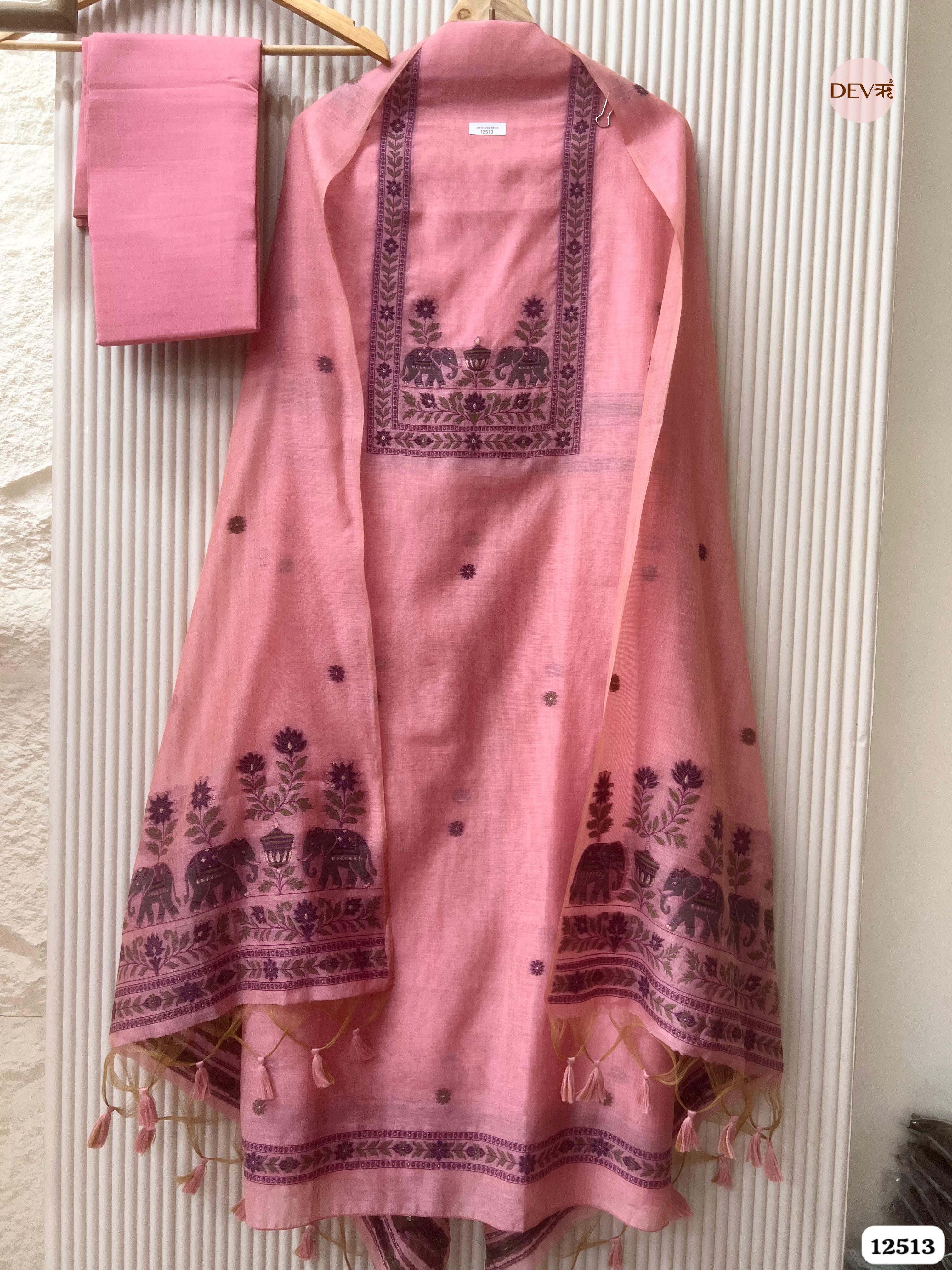 Pink Jamdani Embroidered Unstitched 3-Piece Suit (Devri – D.No 12513)