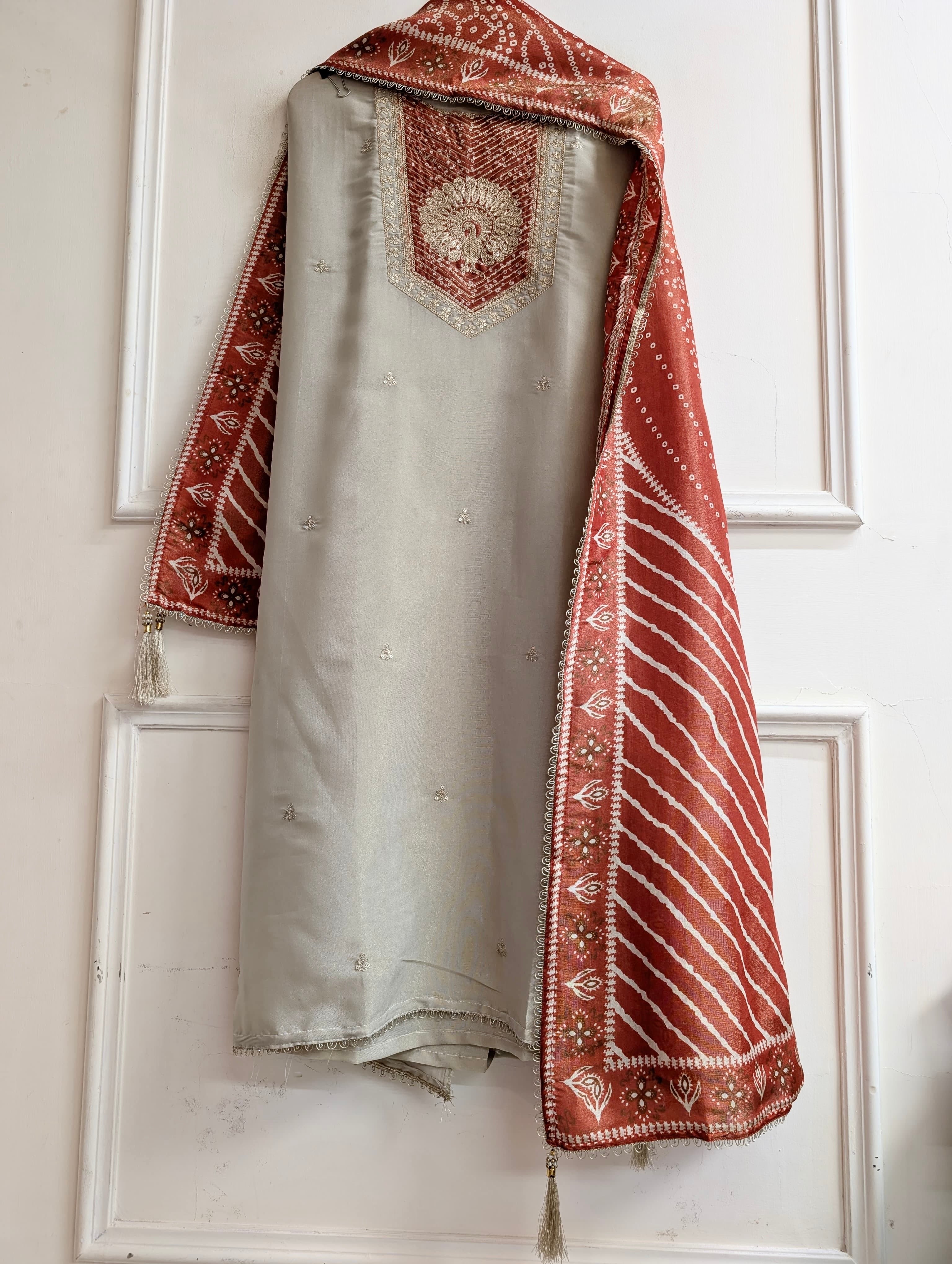 Beige Tissue Silk Embroidered Unstitched 3-Piece Suit (Devri – D.No 13738)