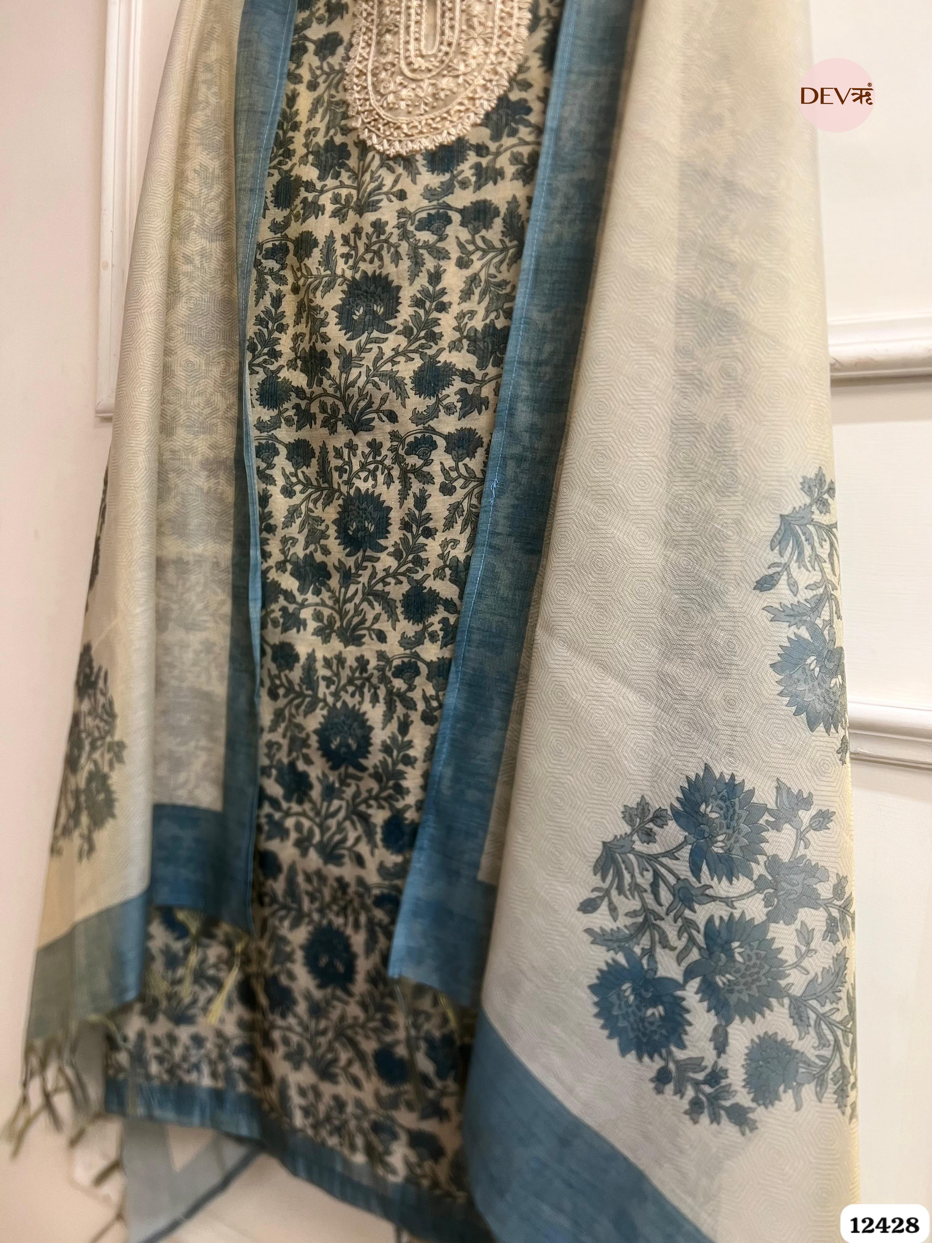 Ivory Blue Pure Linen Tissue Printed Unstitched 3-Piece Suit (Devri – D.No. 12428)