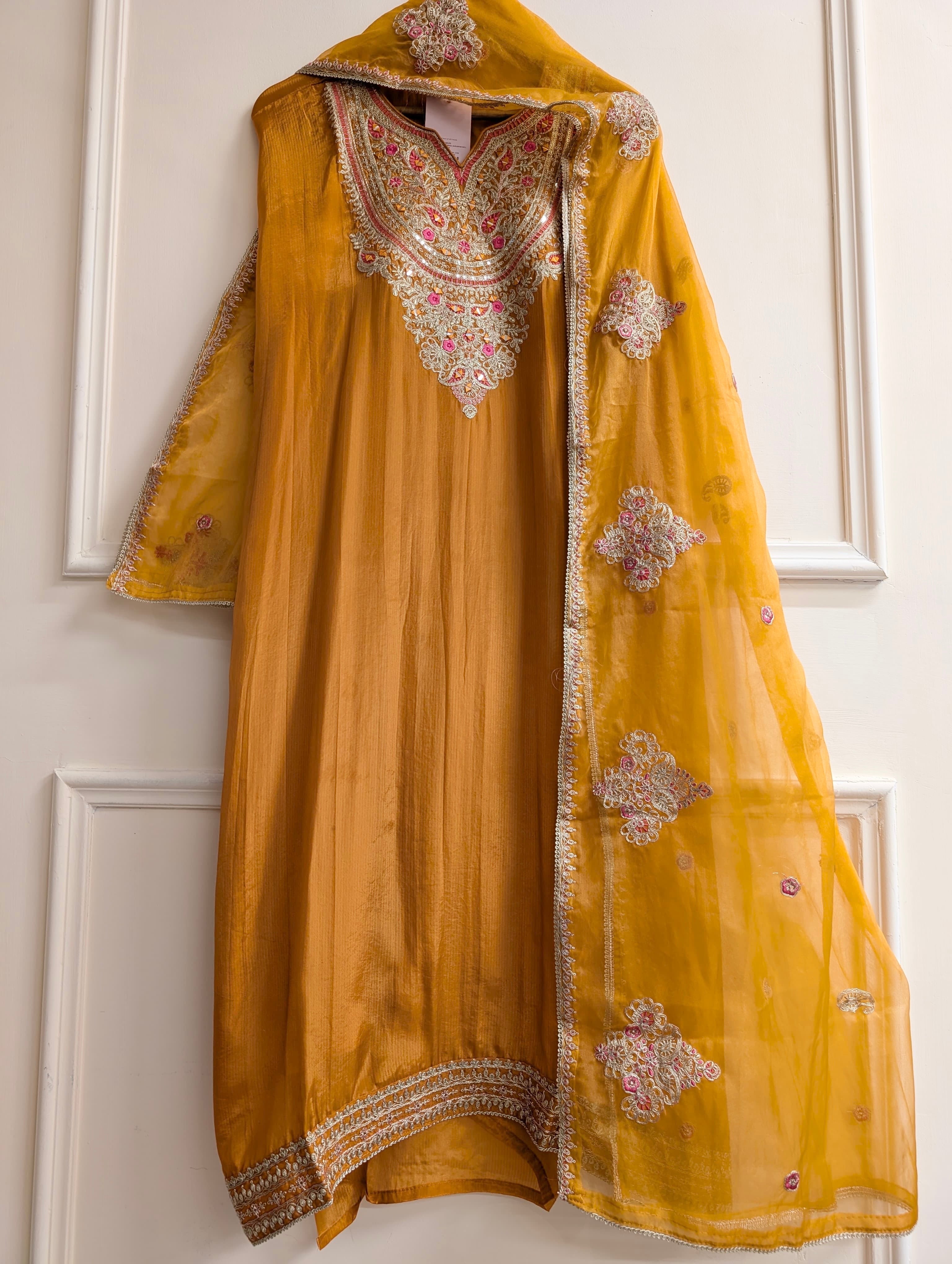 Mustard Tissue Organza Silk Embroidered Unstitched 3-Piece Suit (Devri – D.No 13807)