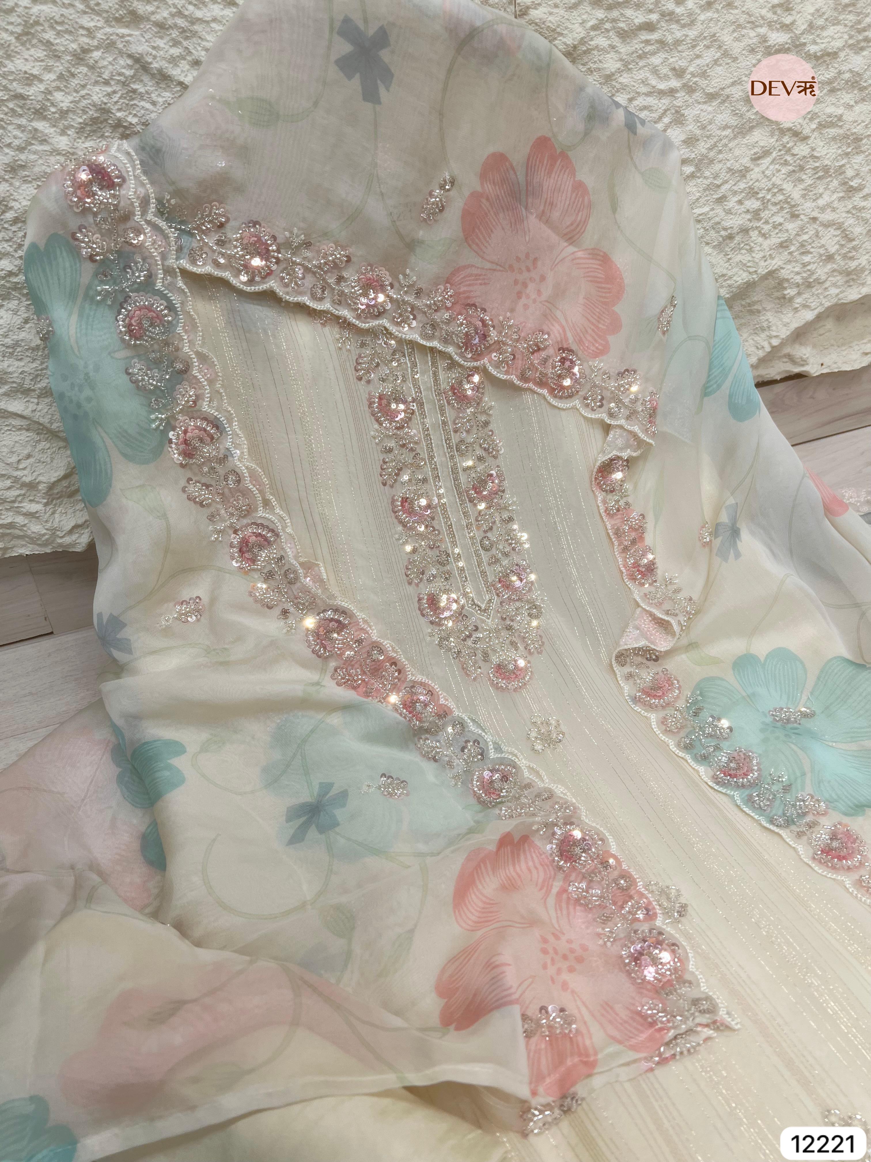 Ivory Pure Organza Hand-Embroidered Unstitched 3-Piece Suit (Devri – D.No 12221)