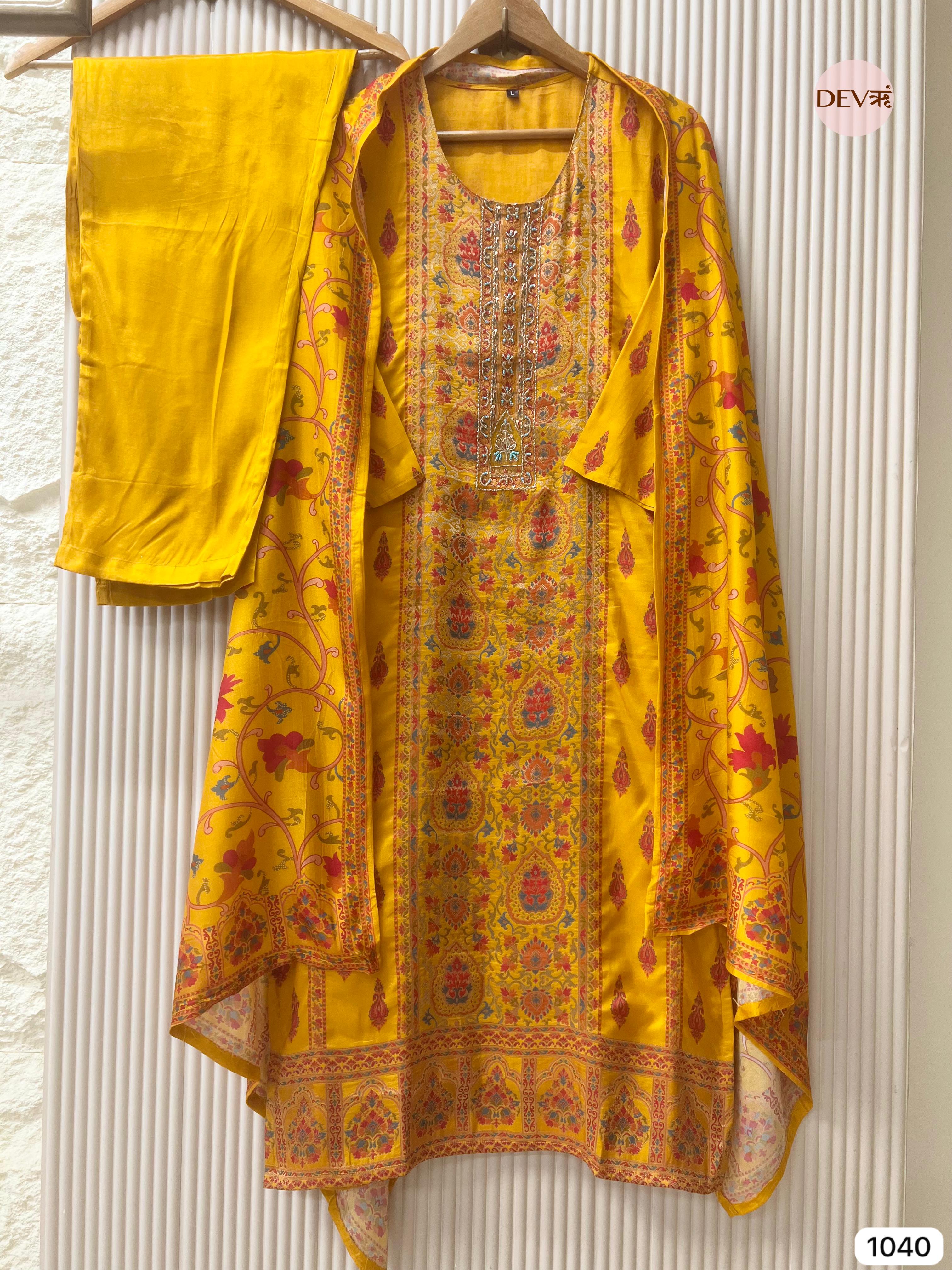 Suhani Pure Modal Silk Printed Yellow 3-Piece Set (Devri – D.No 1040)