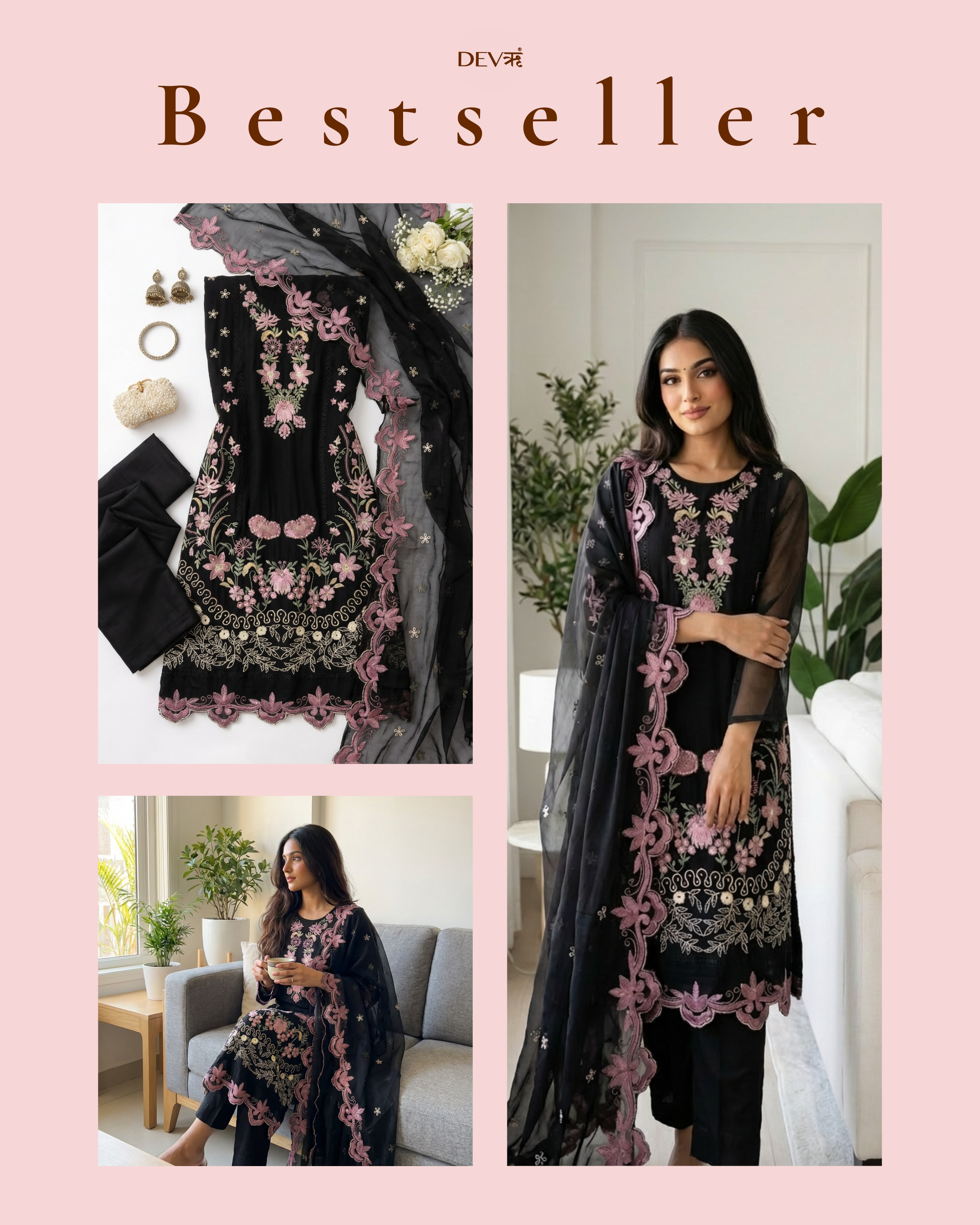 Black Organza Unstitched Pakistani -Set Of 3 {7787}