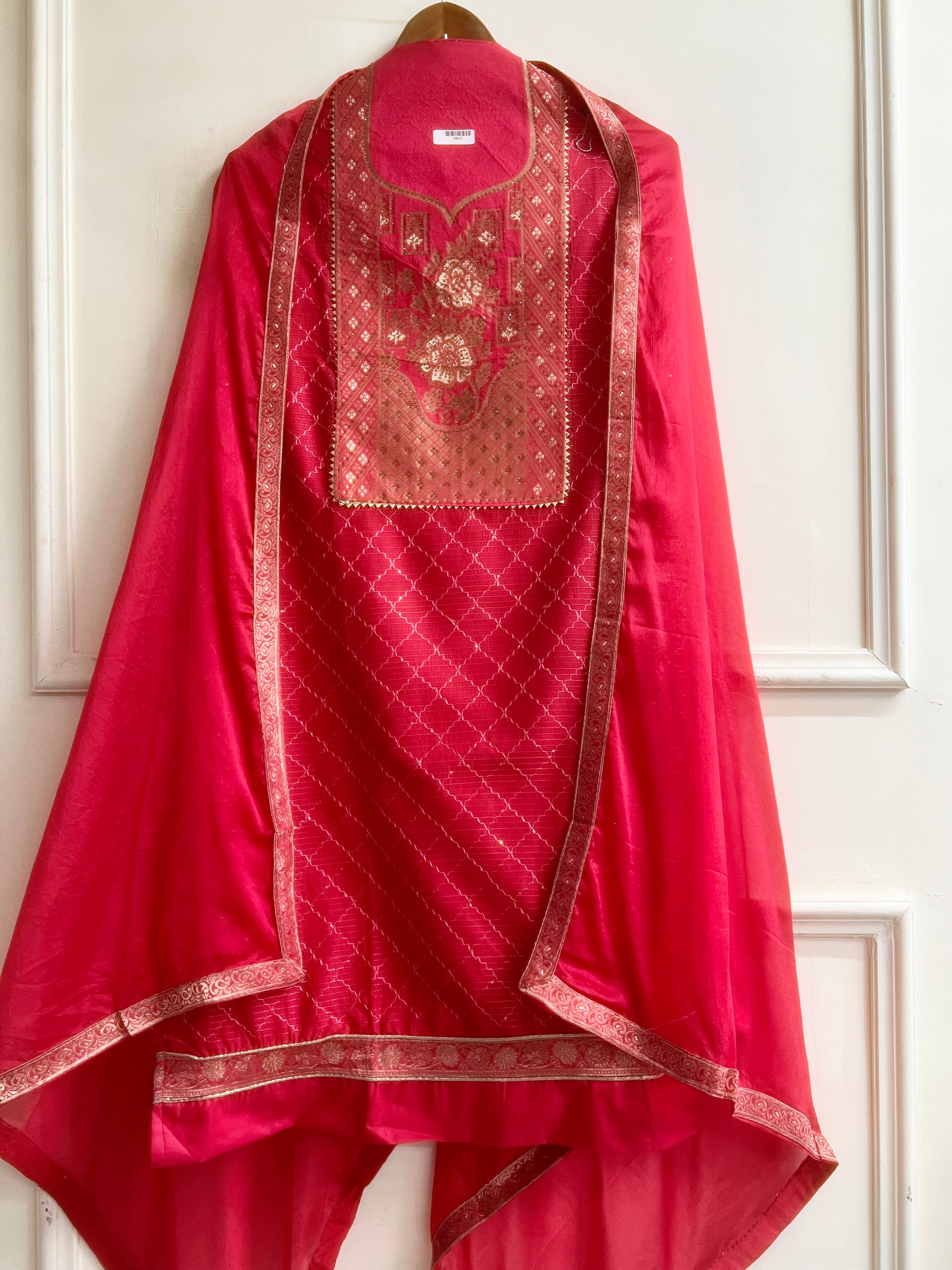 Pink Silk Blend Embroidered Unstitched 3-Piece Suit (Devri – D.No 13411)