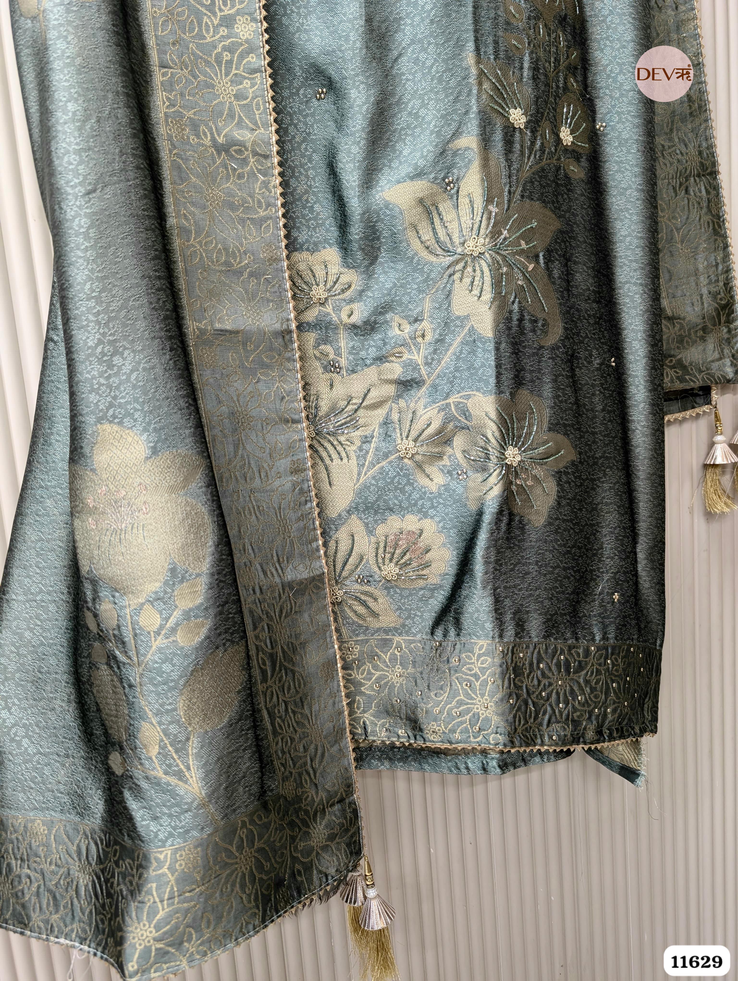 Teal Banarasi Silk Woven Unstitched 3-Piece Suit (Devri – D.No. 11629)