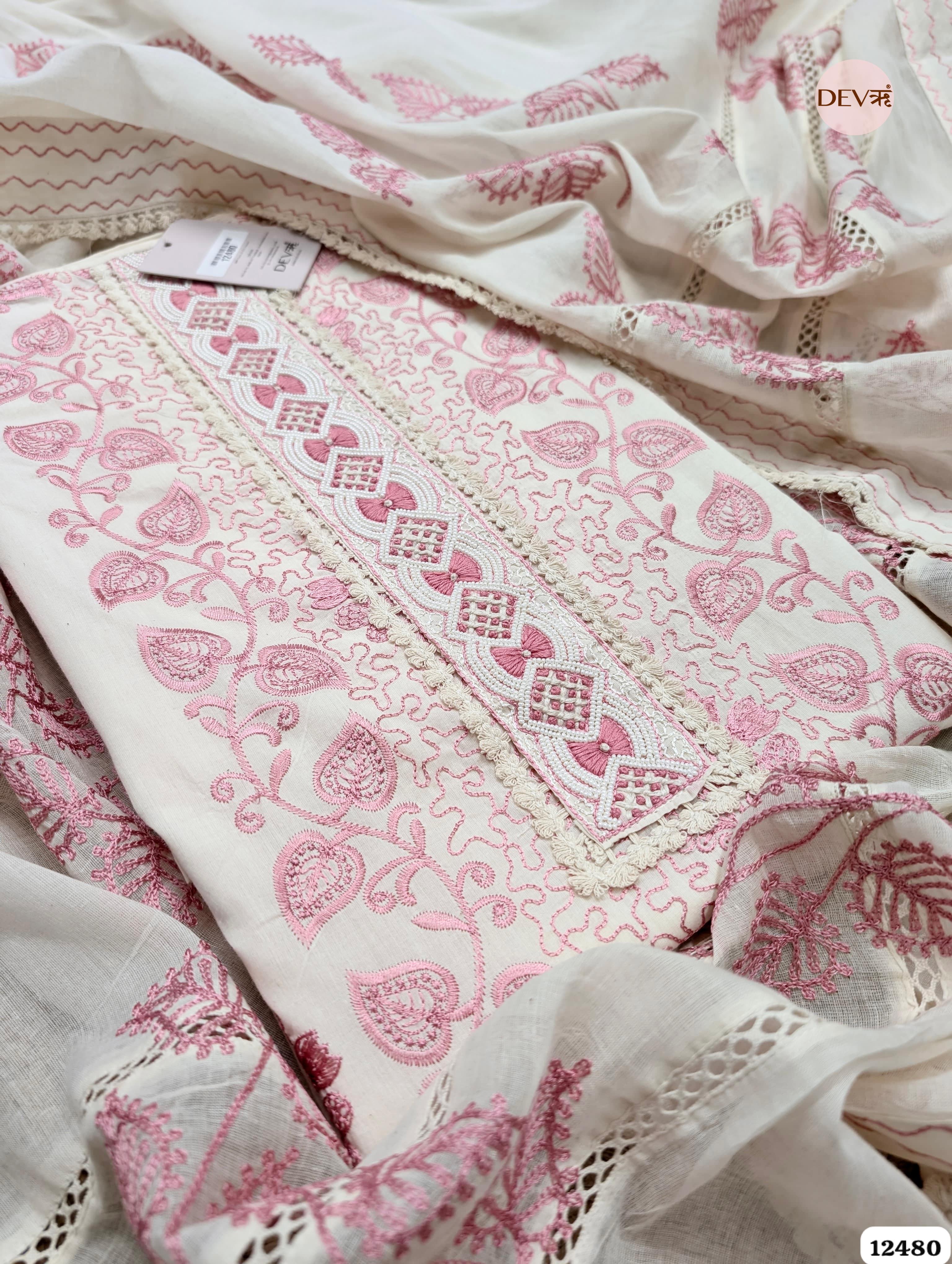 Pink & White Pure Cotton Embroidered Unstitched 3-Piece Suit (Devri – D.No 12480)