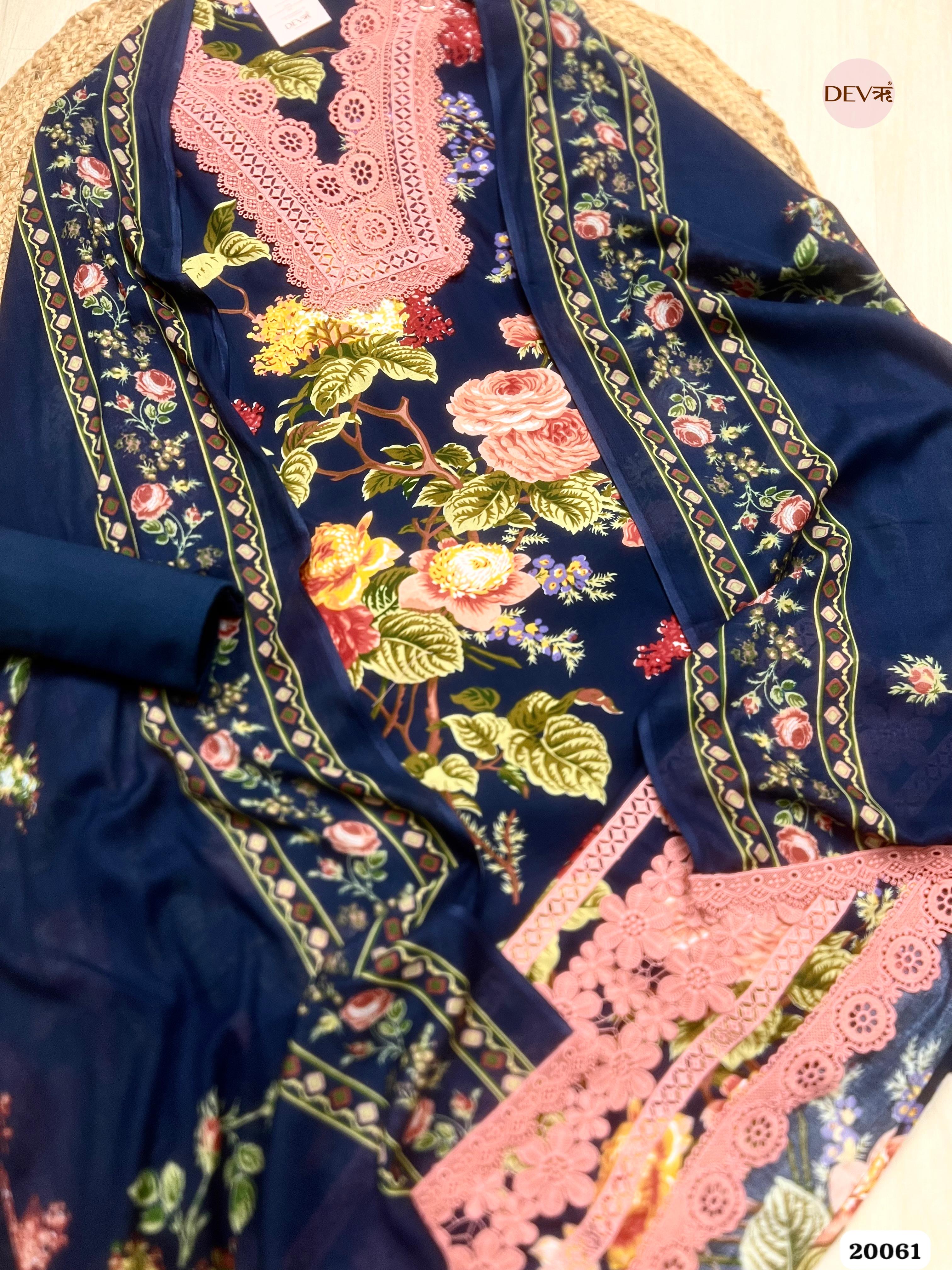 Navy Blue Cotton Printed Unstitched 3-Piece Suit (Devri – D.No. 20061)