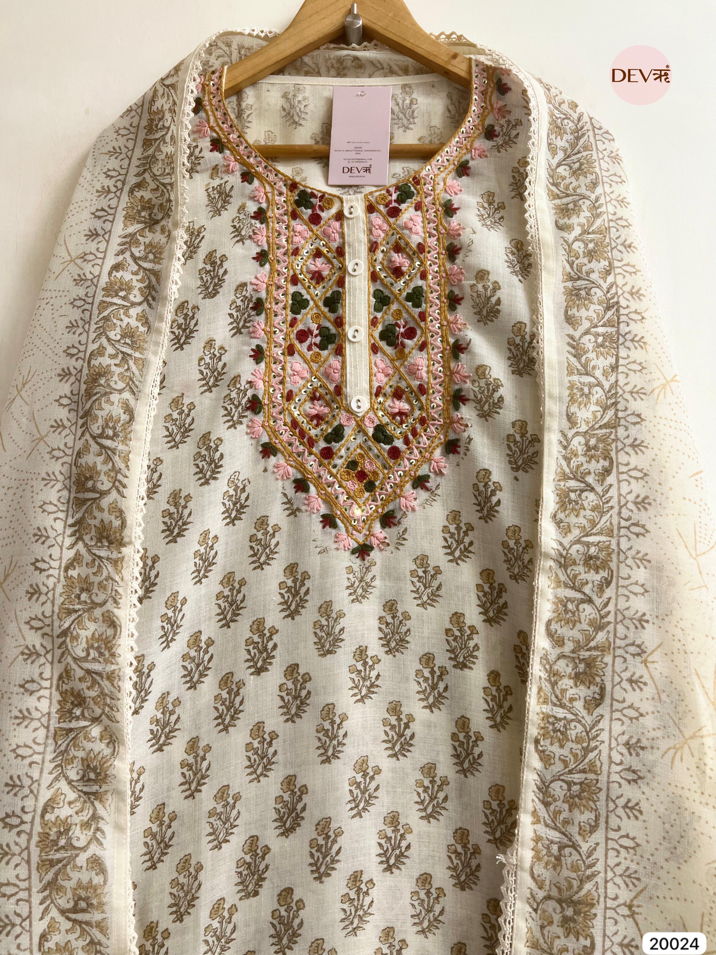 Ivory Pure Linen Cotton Embroidered Unstitched 3-Piece Suit (Devri – D.No .20024 )