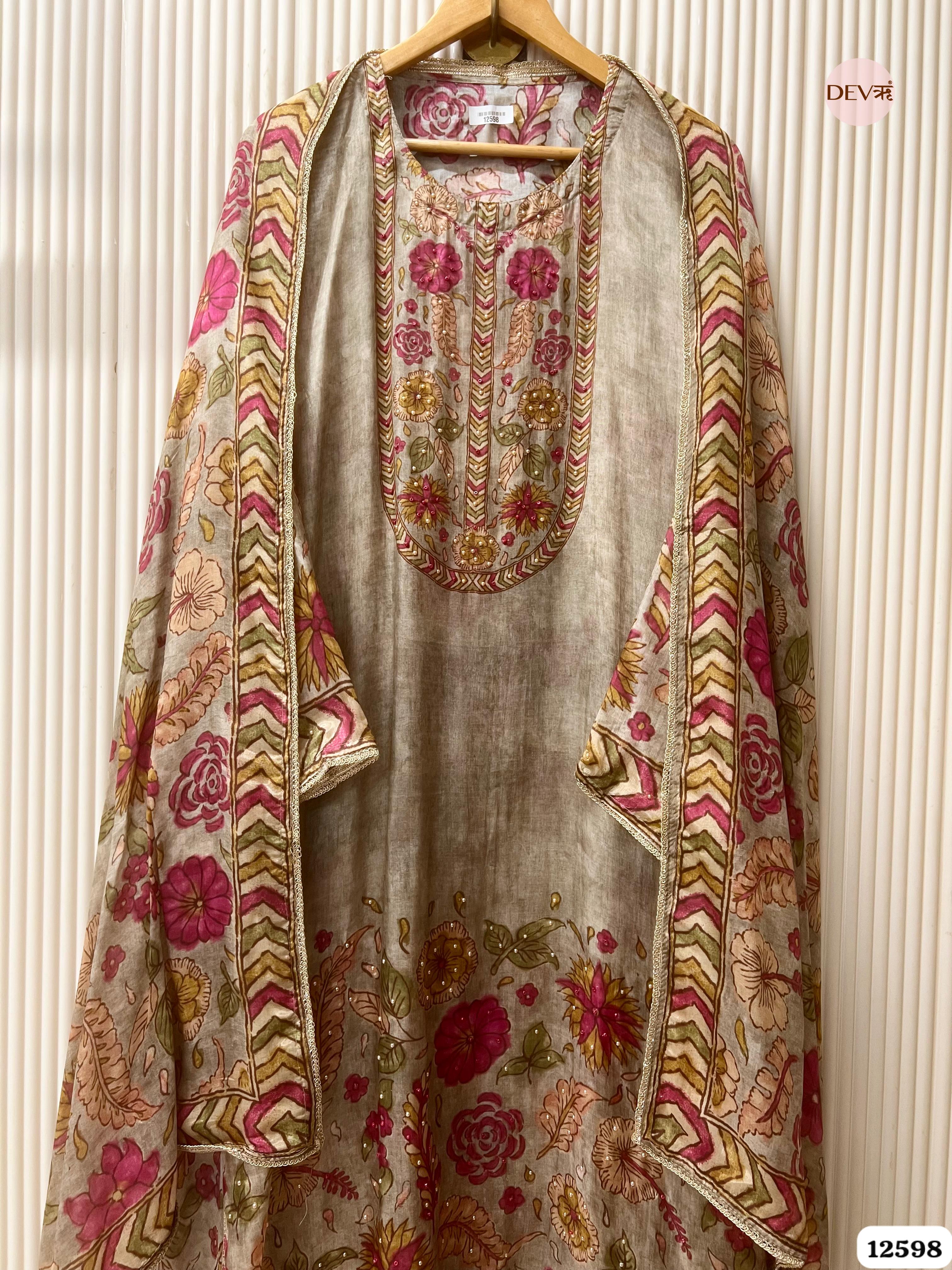 Beige Muslin Floral Printed Unstitched 3-Piece Suit (Devri – D.No 12598)
