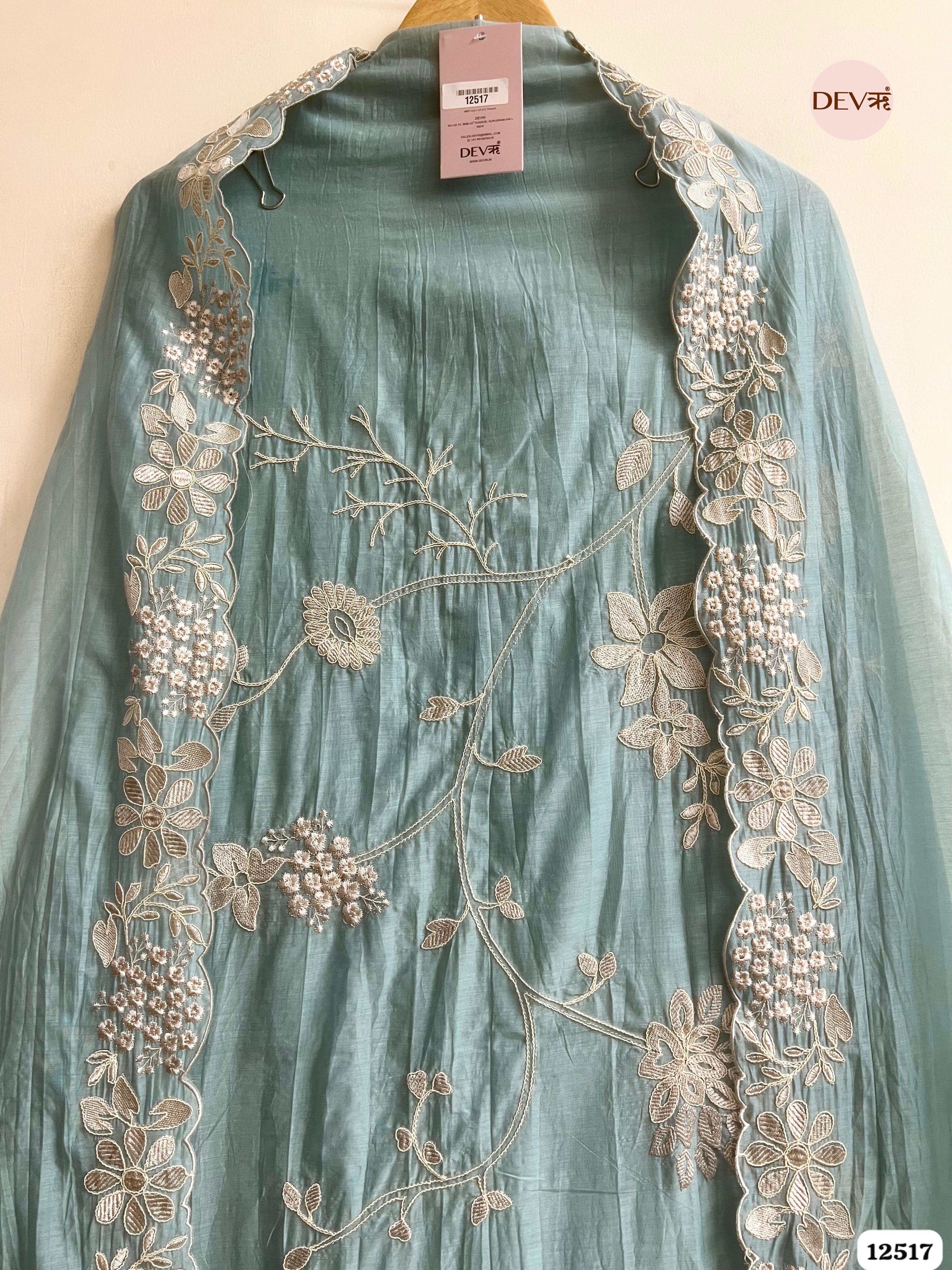 teal Mul Cotton Embroidered Unstitched 3-Piece Suit (Devri – D.No 12517)