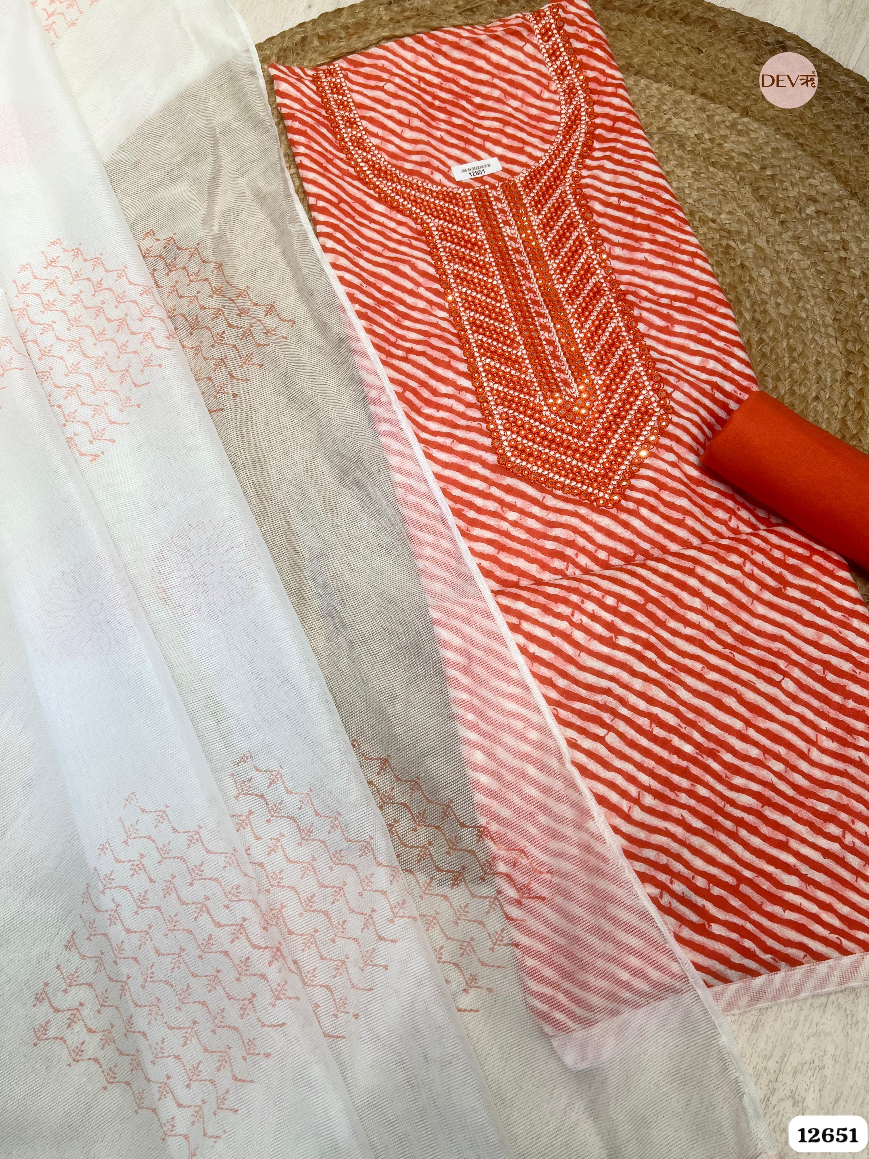 Red Cotton Printed Unstitched 3-Piece Suit with Net Dupatta (Devri – D.No 12651)