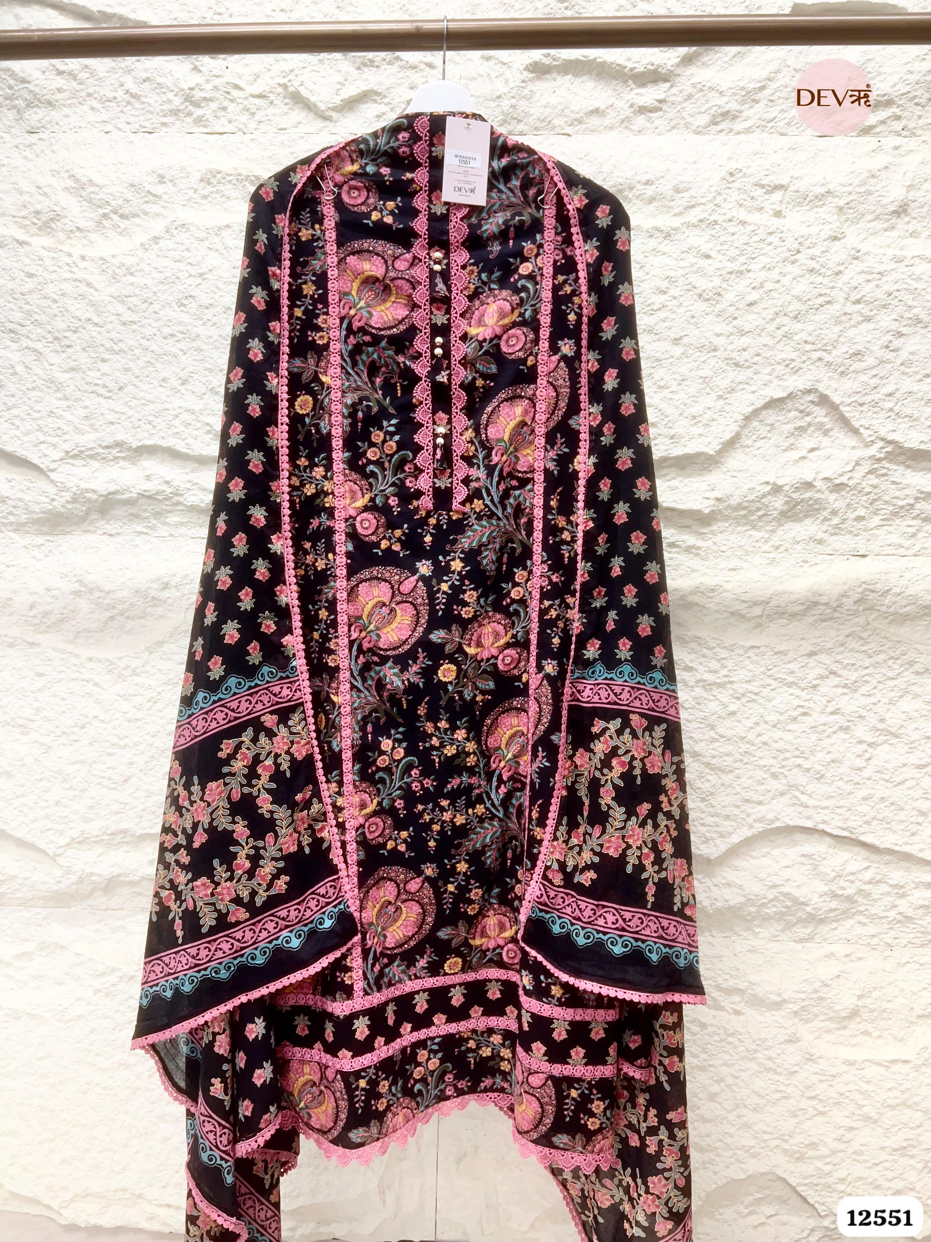 Black Pure Cotton Floral Printed Unstitched 3-Piece Suit (Devri – D.No 12551)
