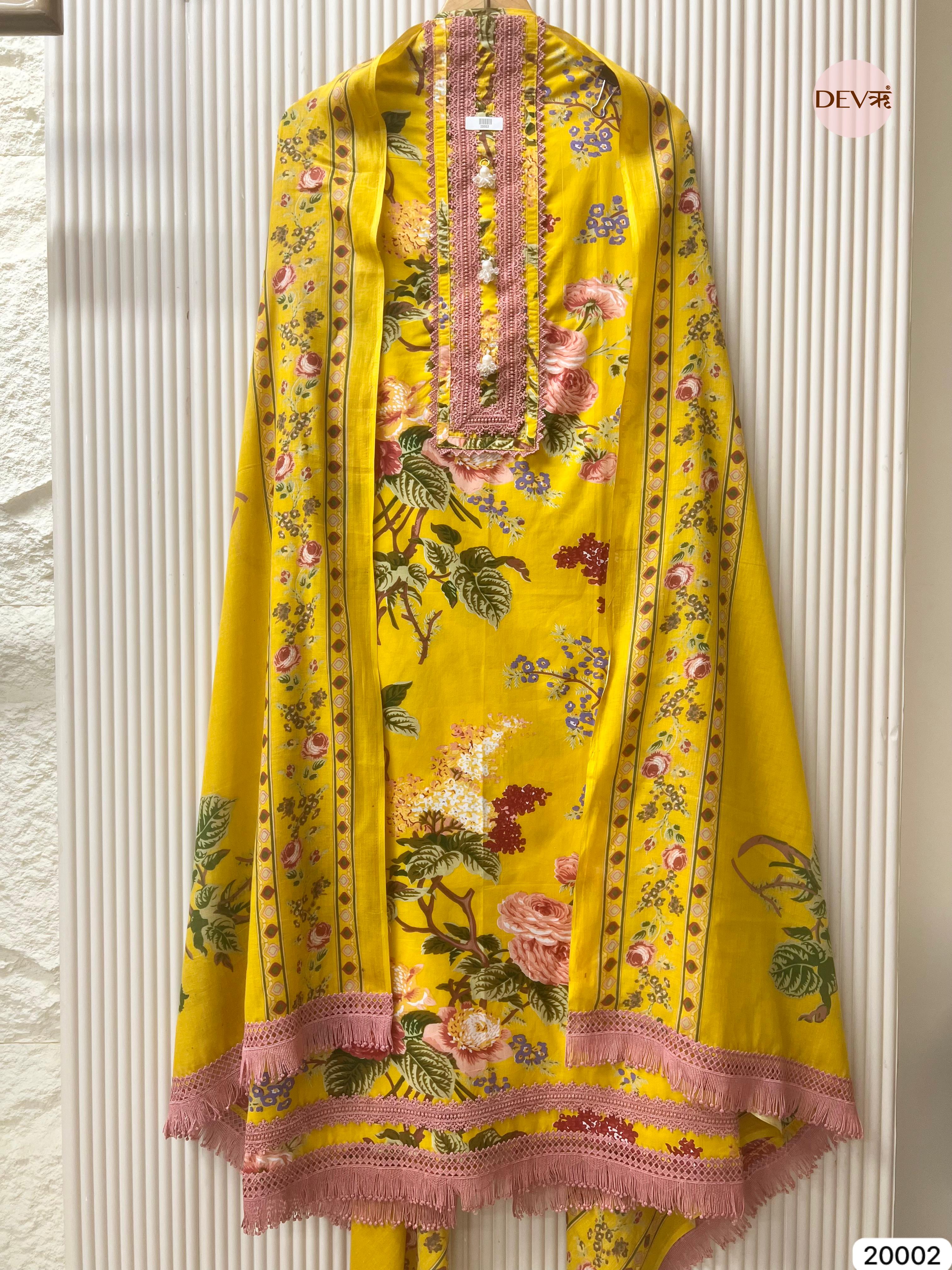 Yellow Pure Cotton Printed Unstitched 3-Piece Suit (Devri – D.No 20002)