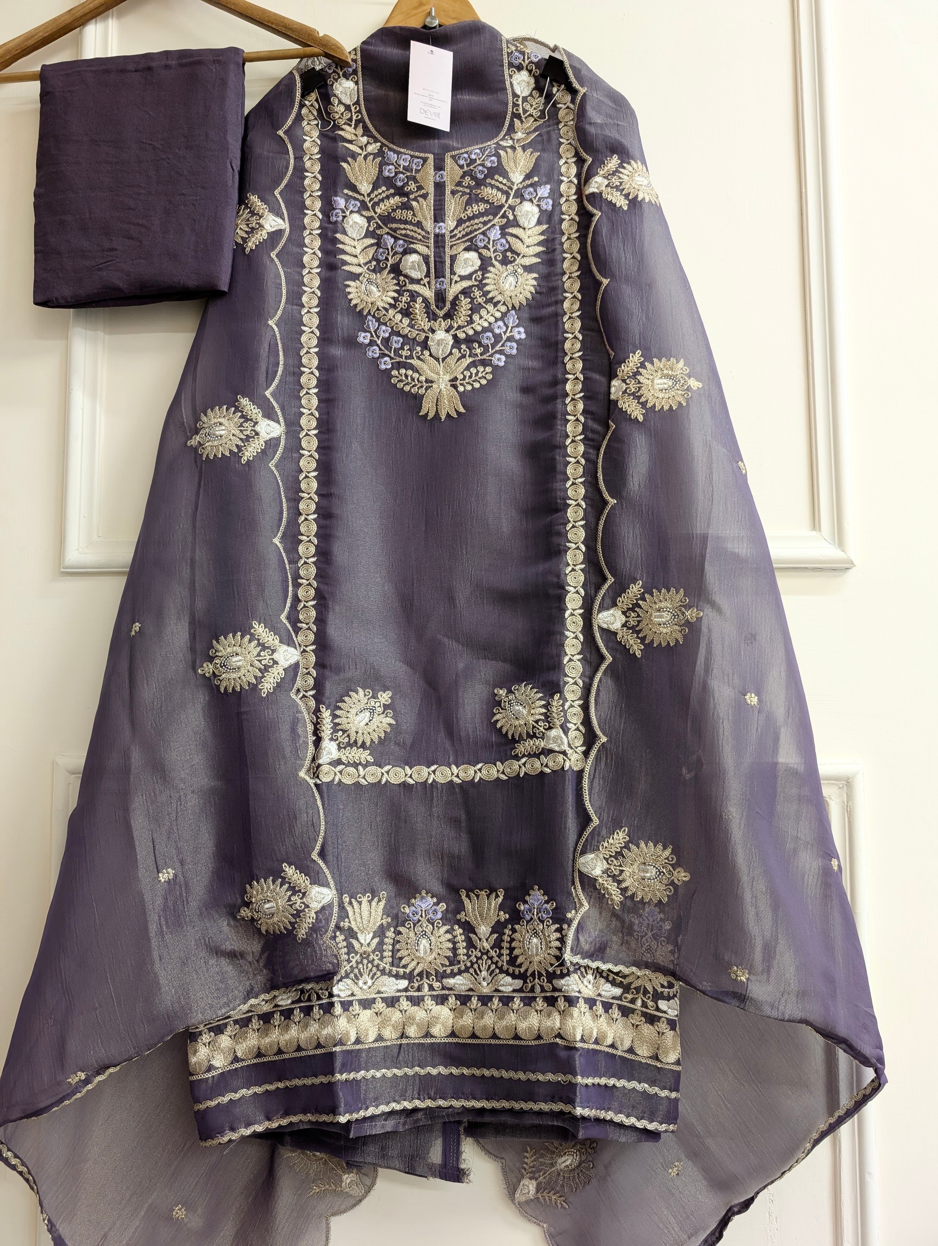Purple Pure Tissue Silk Embroidered Unstitched 3-Piece Suit (Devri – D.No 13759)