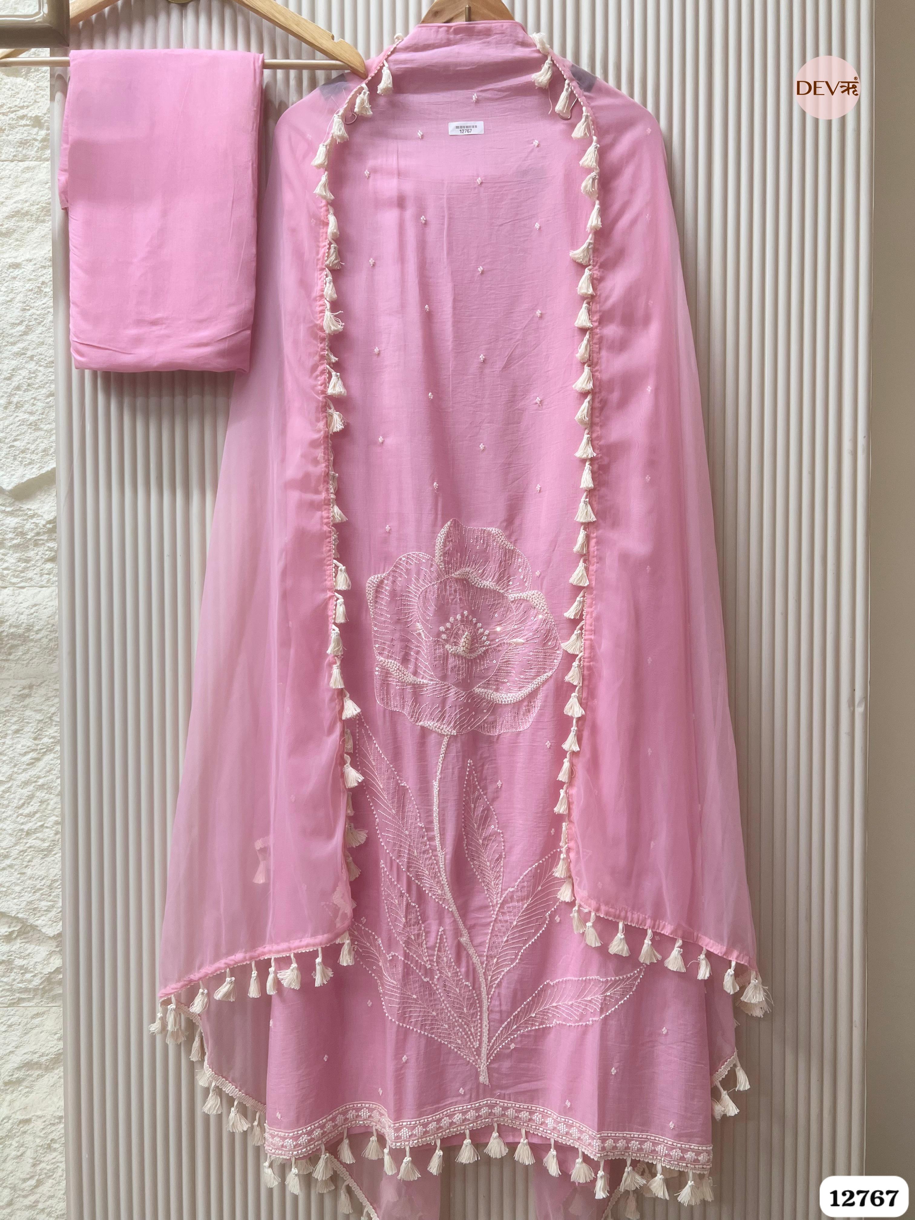 Pink Mul Cotton Hand-Embroidered Unstitched 3-Piece Suit (Devri – D.No 12767)