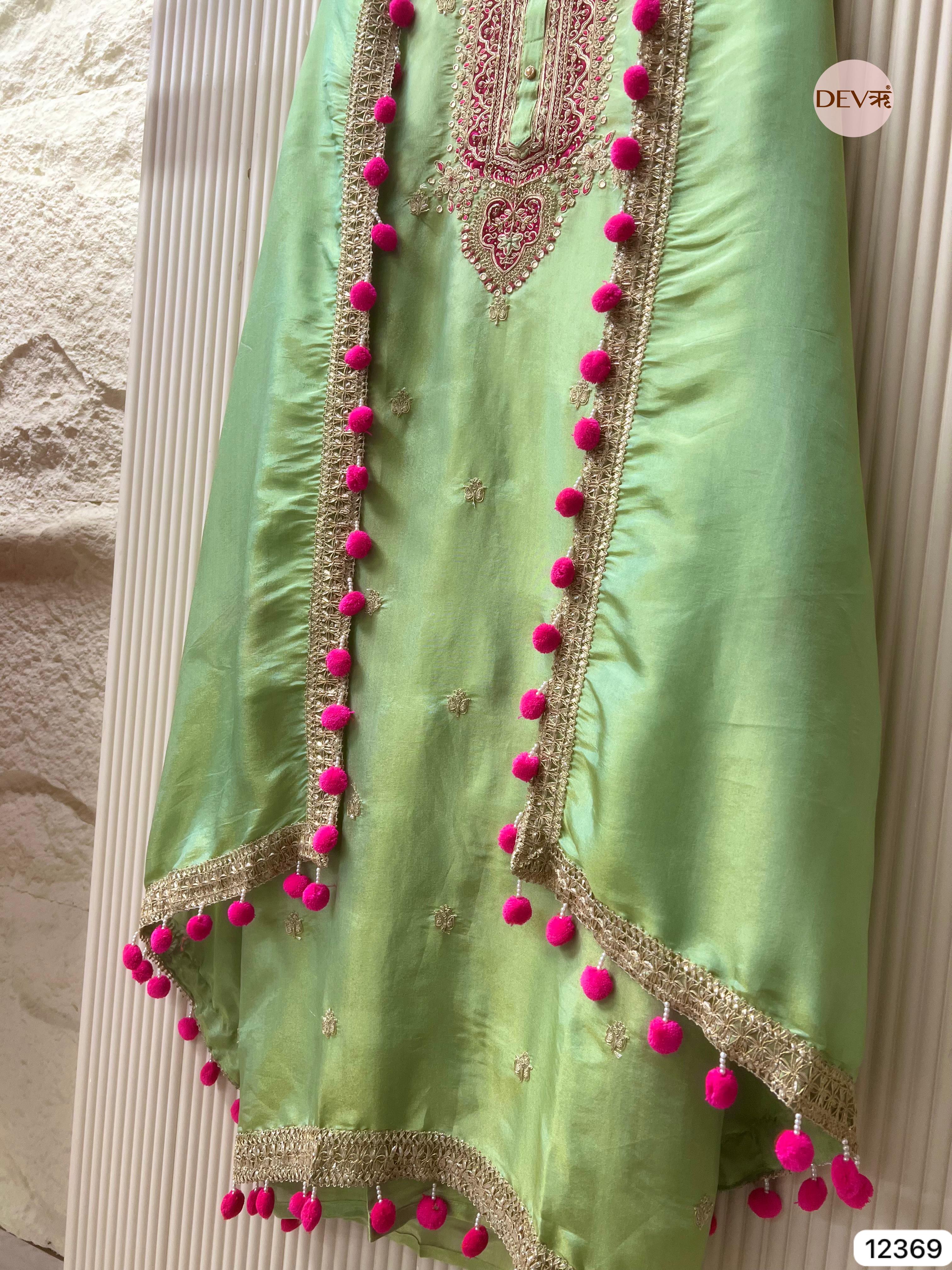 Mint Green Shimmer Silk Hand Embroidered Unstitched 3-Piece Suit (Devri – D.No 12369)