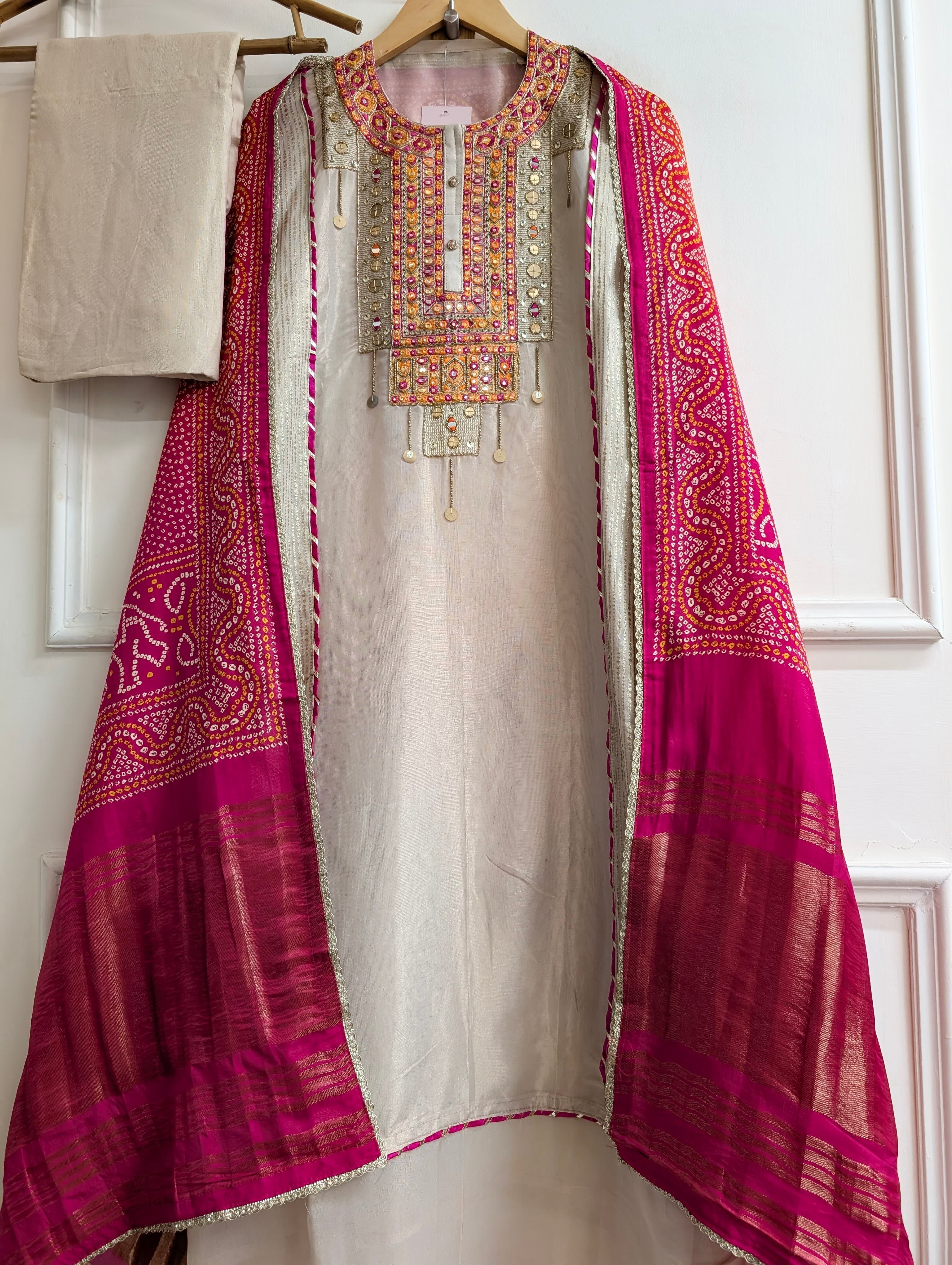 Beige Tissue Silk Hand Unstitched 3-Piece Suit (Devri – D.No 13697)