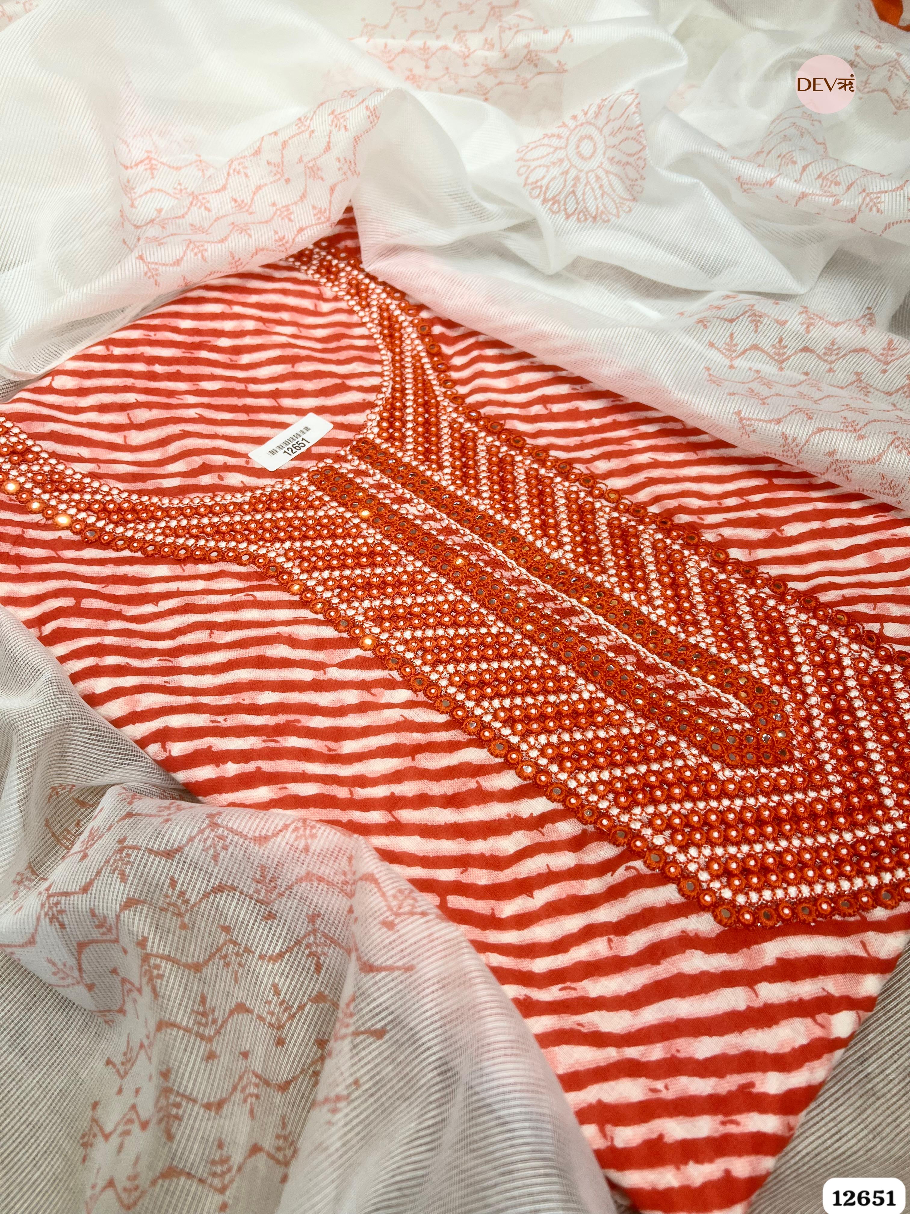 Red Cotton Printed Unstitched 3-Piece Suit with Net Dupatta (Devri – D.No 12651)
