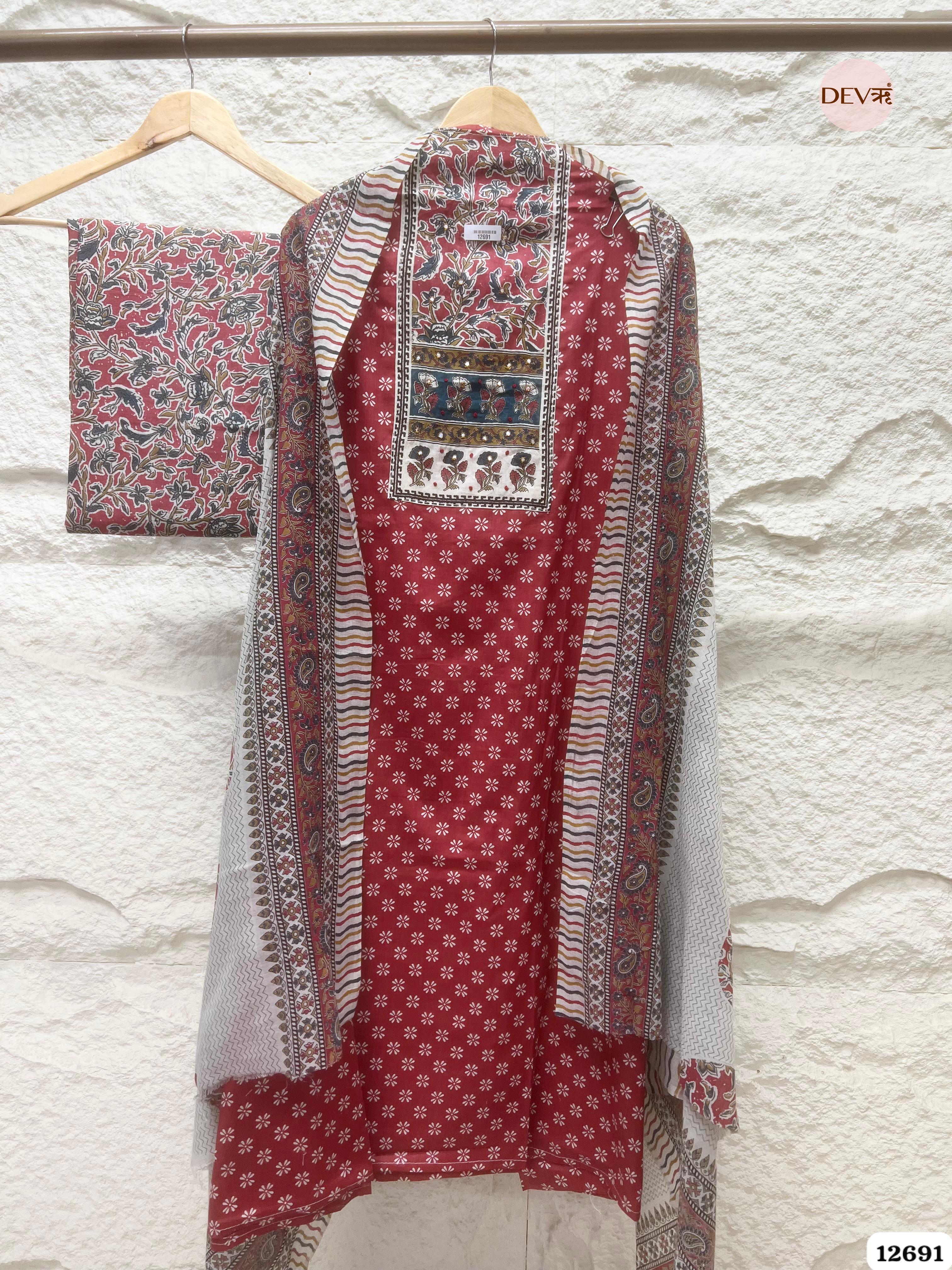 Red Cotton Printed Unstitched 3-Piece Suit (Devri – D.No 12691)