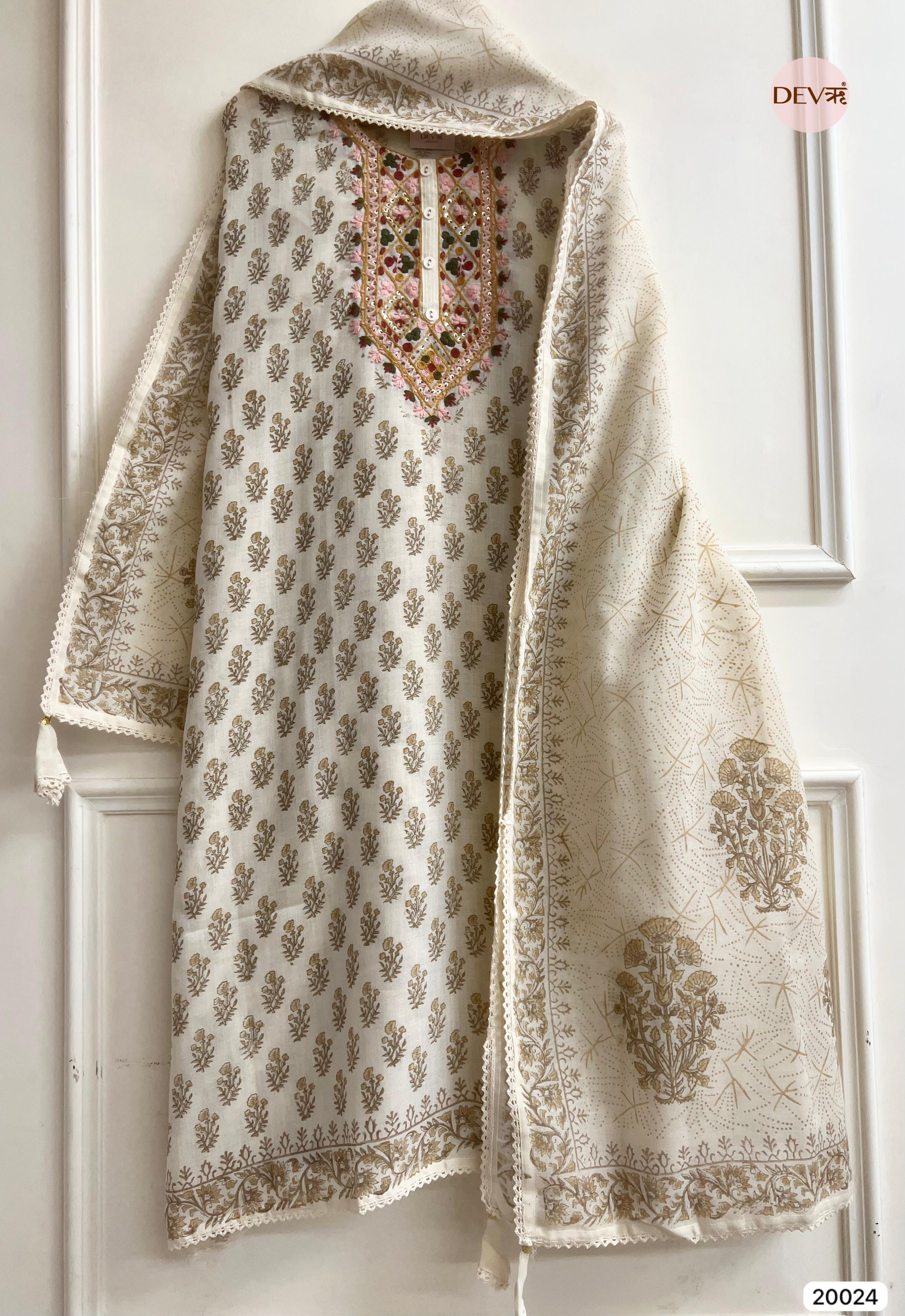 Ivory Pure Linen Cotton Embroidered Unstitched 3-Piece Suit (Devri – D.No .20024 )