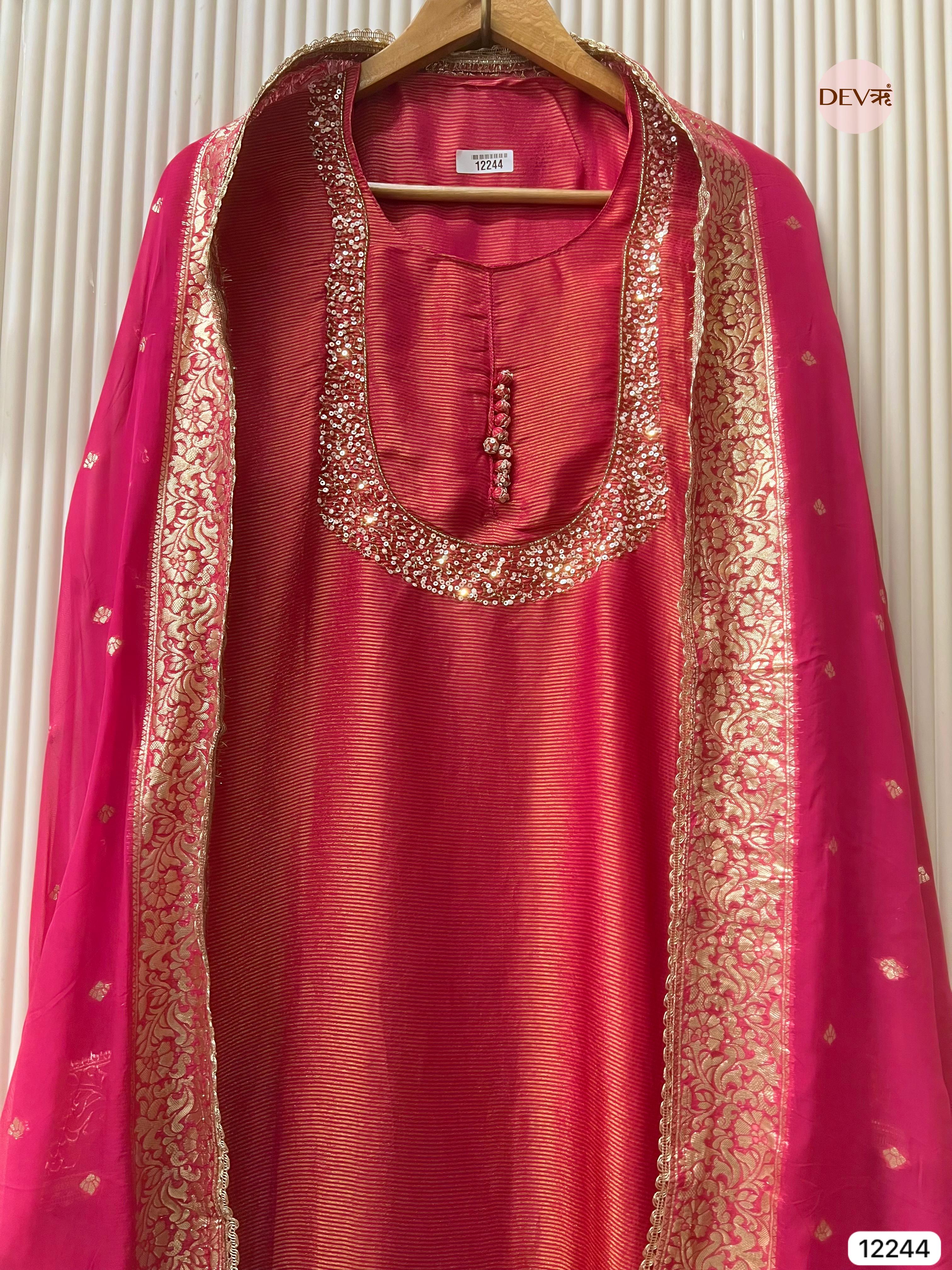 Rani Pink Tissue Shimmer Silk Embroidered Unstitched 3-Piece Suit (Devri – D.No 12244)