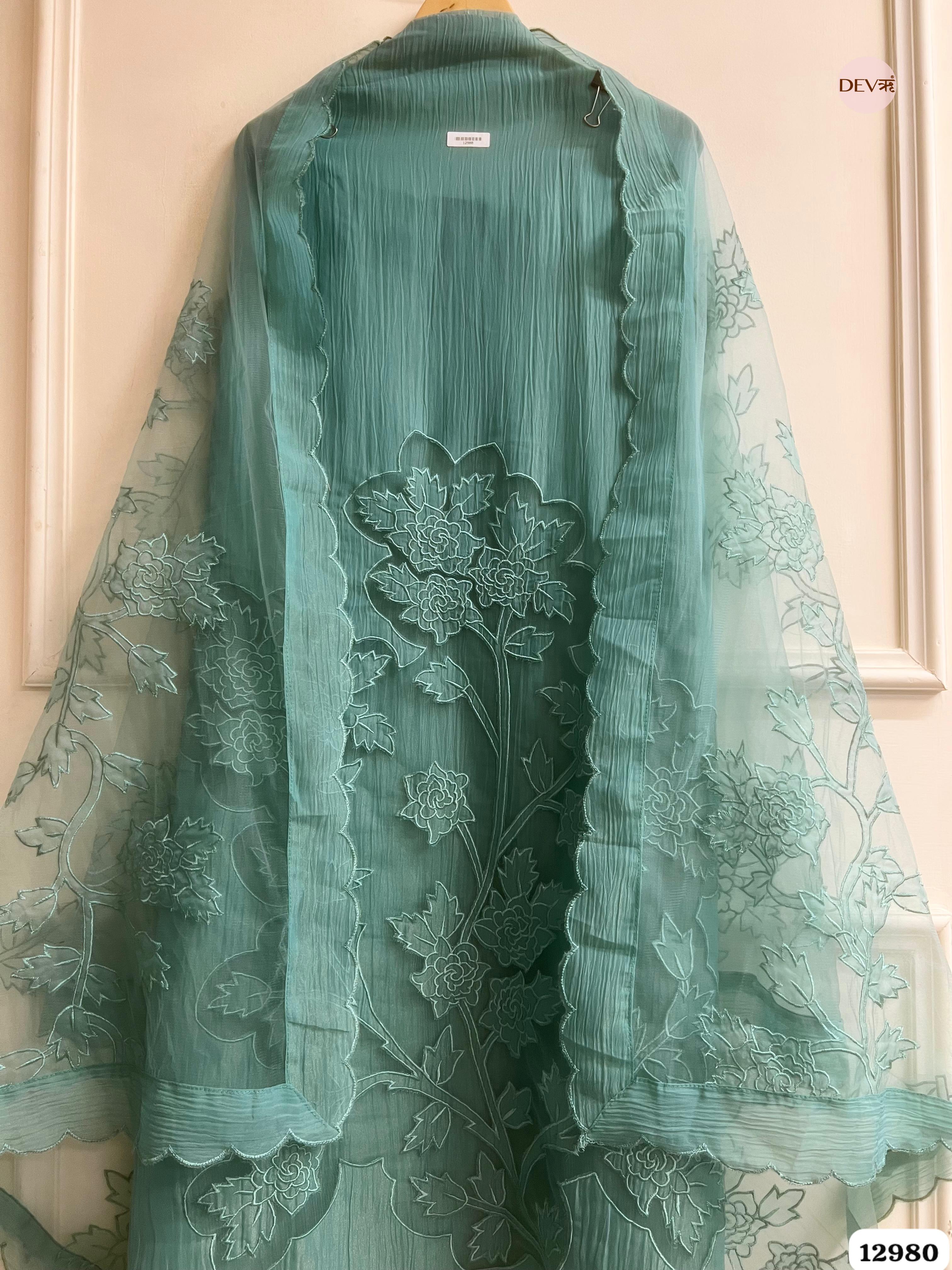 Sea Green Tissue Crush Embroidered Unstitched 3-Piece Suit (Devri – D.No 12980)