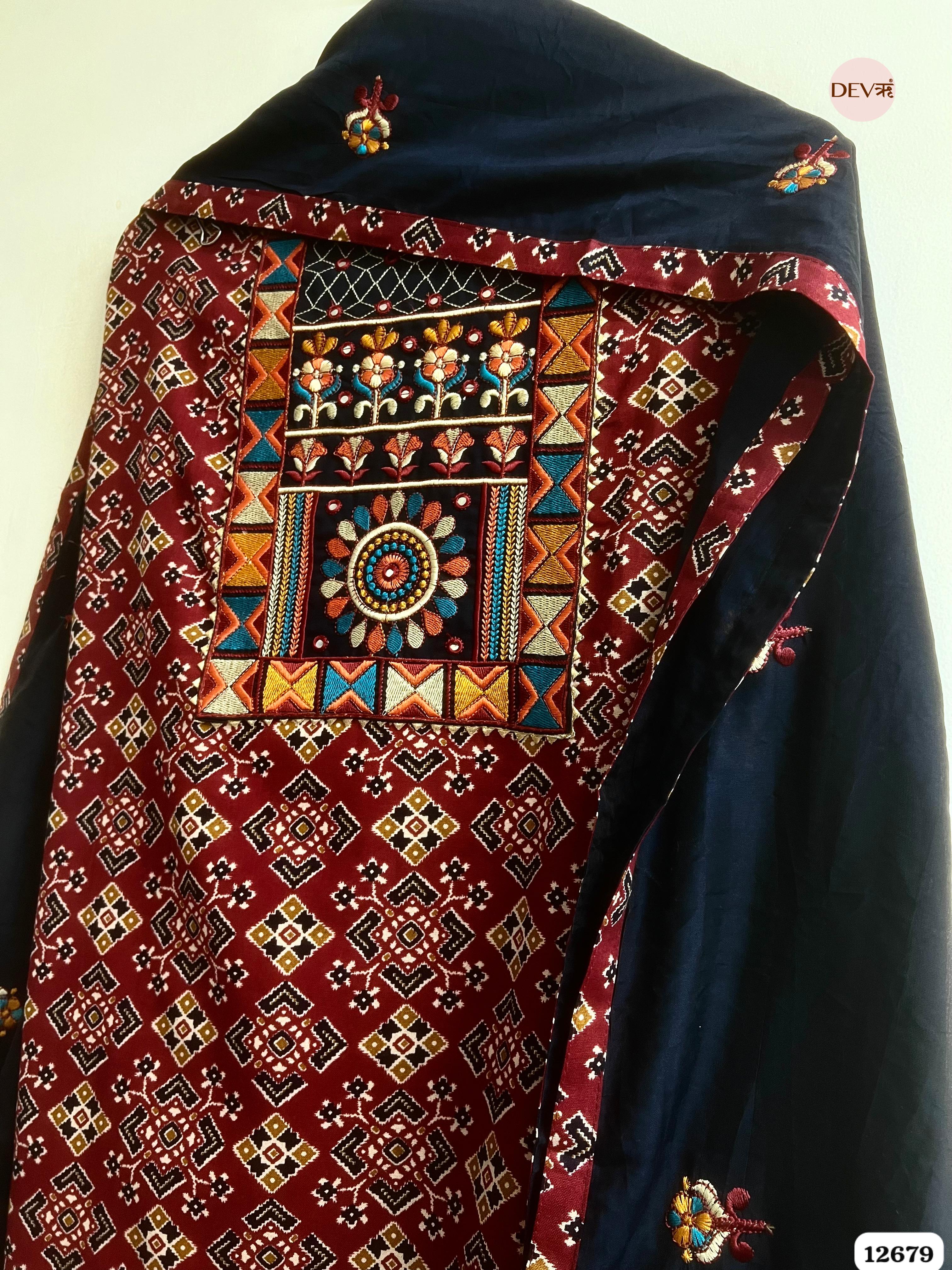 Navy Blue Modal Silk Printed Unstitched 3-Piece Suit (Devri – D.No 12679)