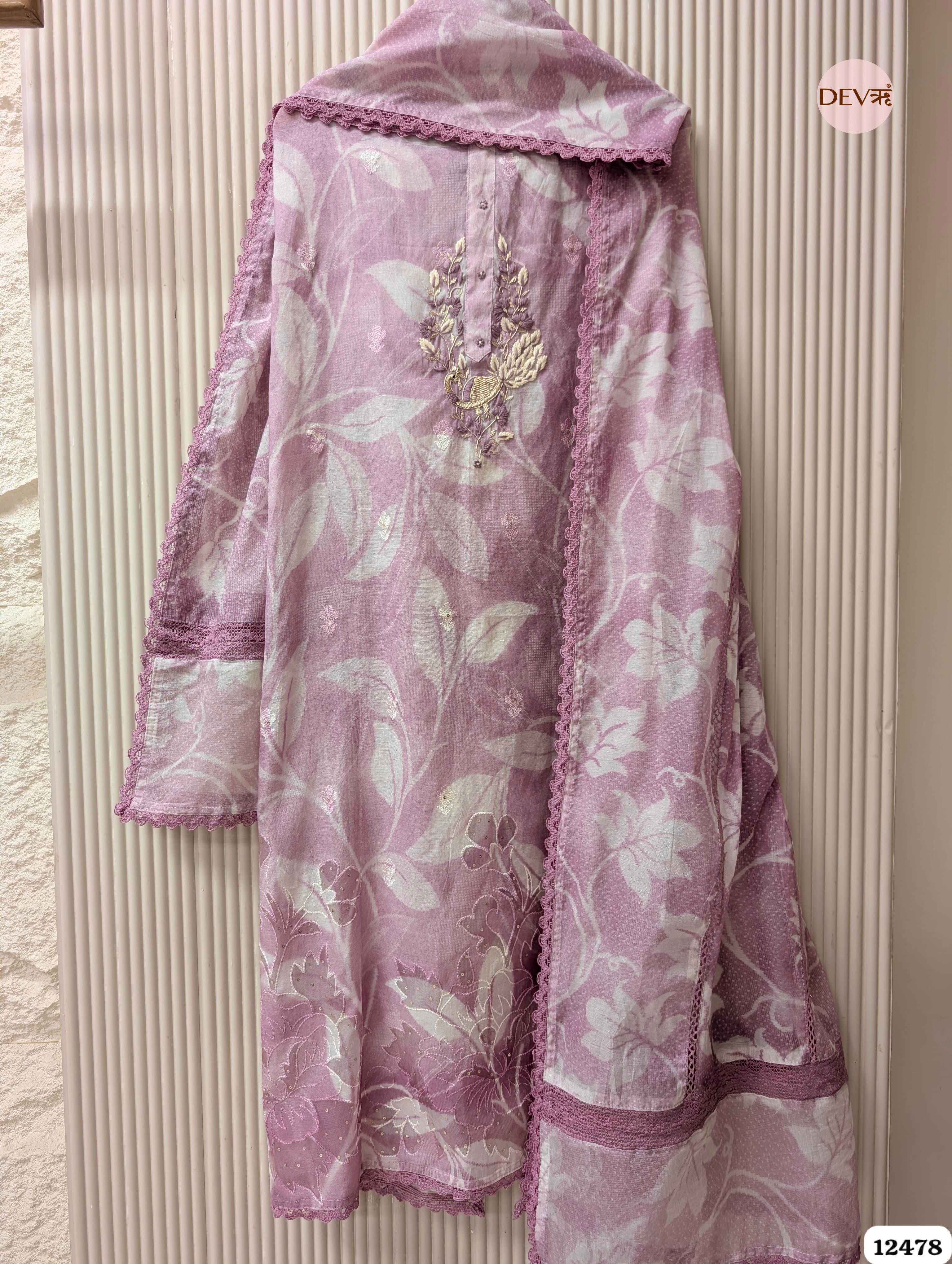 Title: Mauve Mul Chanderi Embroidered Unstitched 3-Piece Suit (Devri – D.No 12478)
