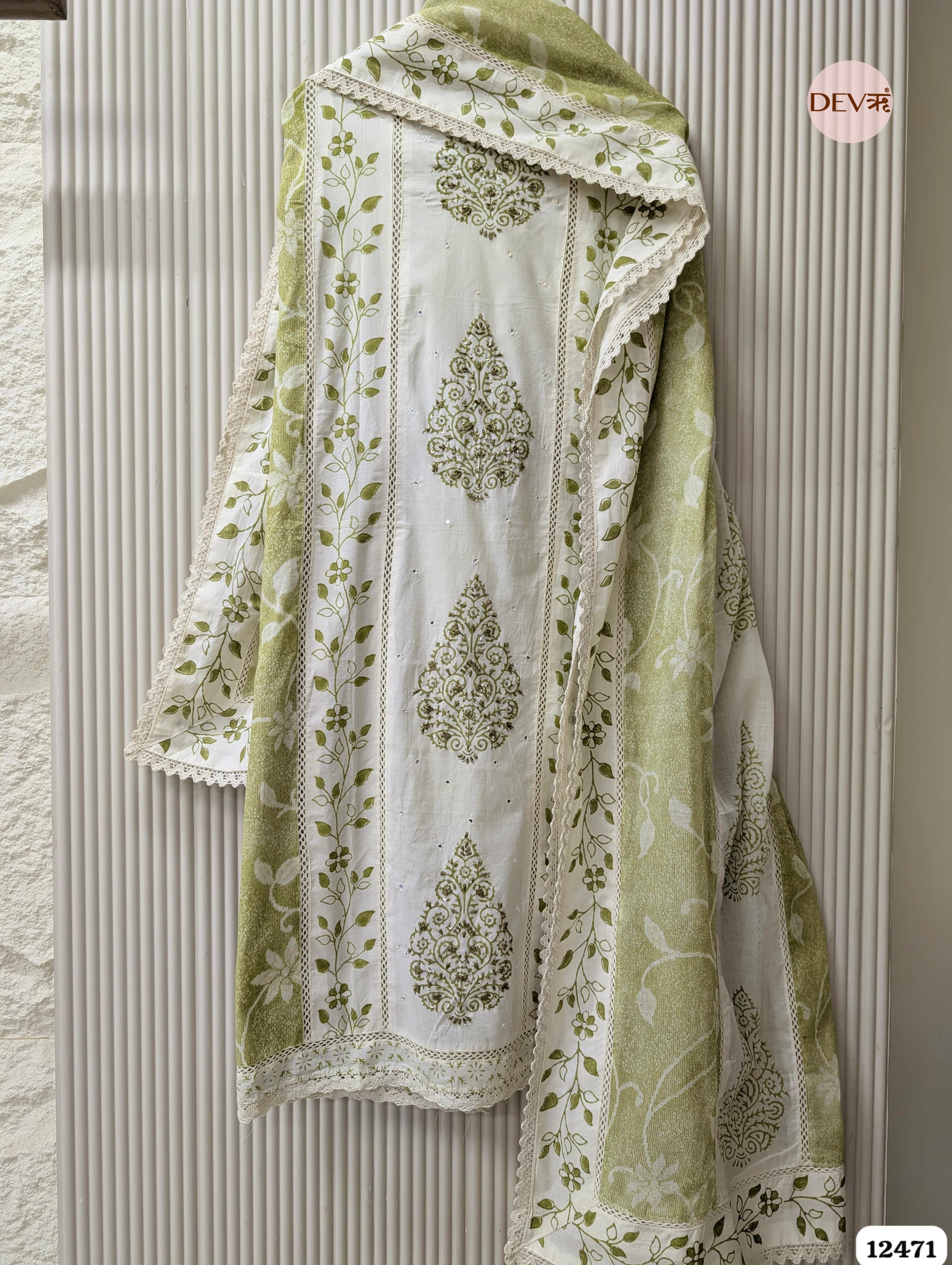 Olive Green & White Pure Cotton Printed & Embroidered Unstitched 3-Piece Suit (Devri – D.No 12471)