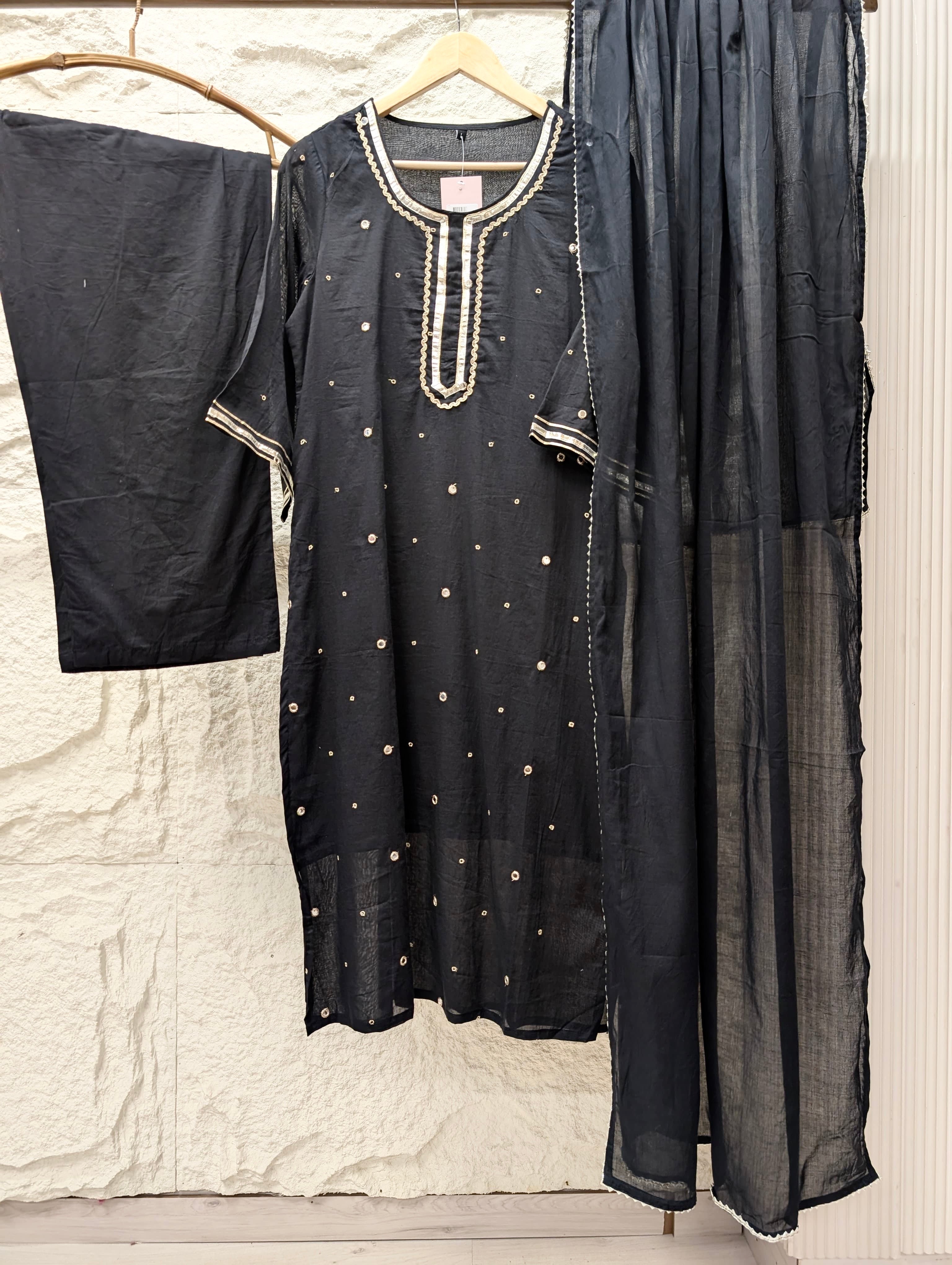 Nayantara Pure mul cotton Embroidered Black 3-Piece Set (Devri – D.No 21190)