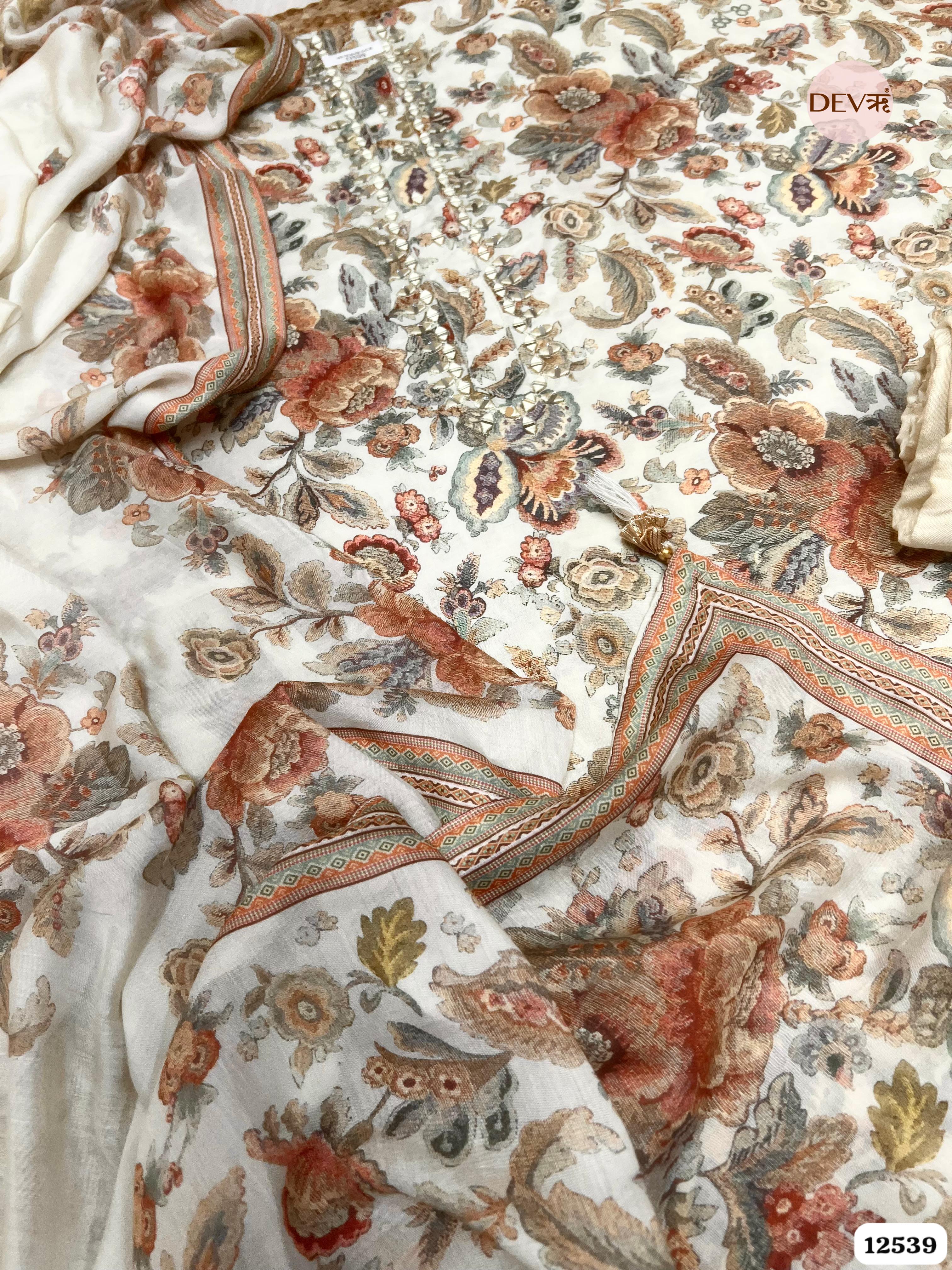 Ivory Muslin Printed Unstitched 3-Piece Suit (Devri – D.No . 12539)