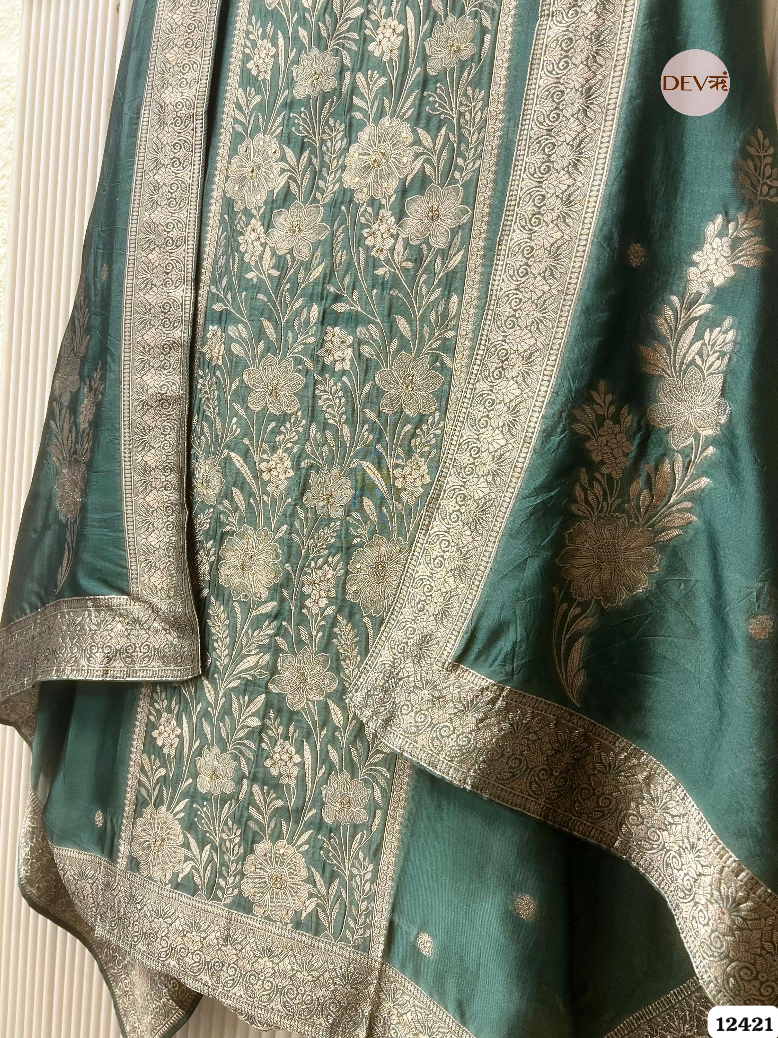 Teal Banarasi Silk Embroidered Unstitched 3-Piece Suit (Devri – D.No. 12421 )