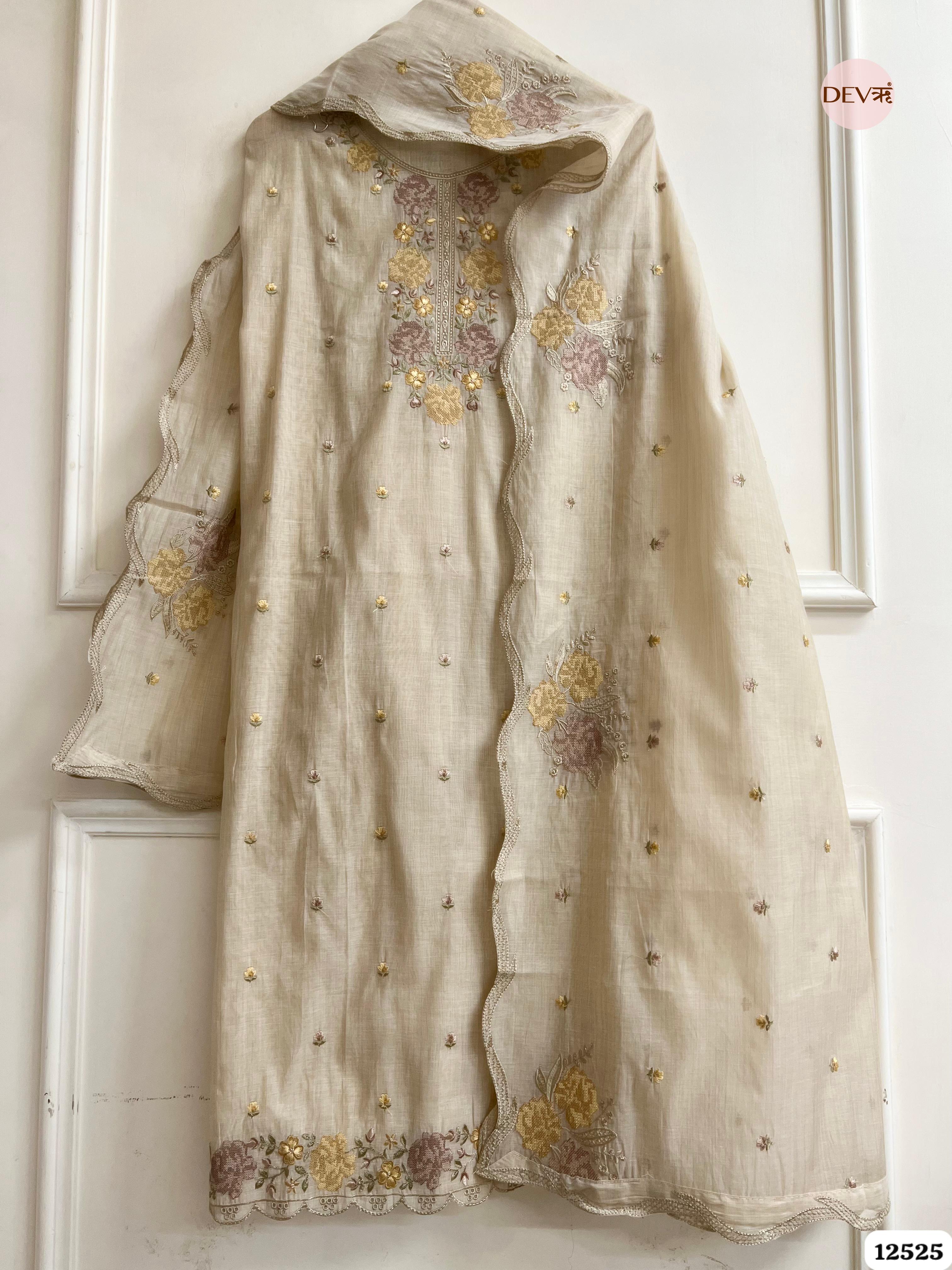 baige Mul Chanderi Embroidered Unstitched 3-Piece Suit (Devri – D.No . 12525)