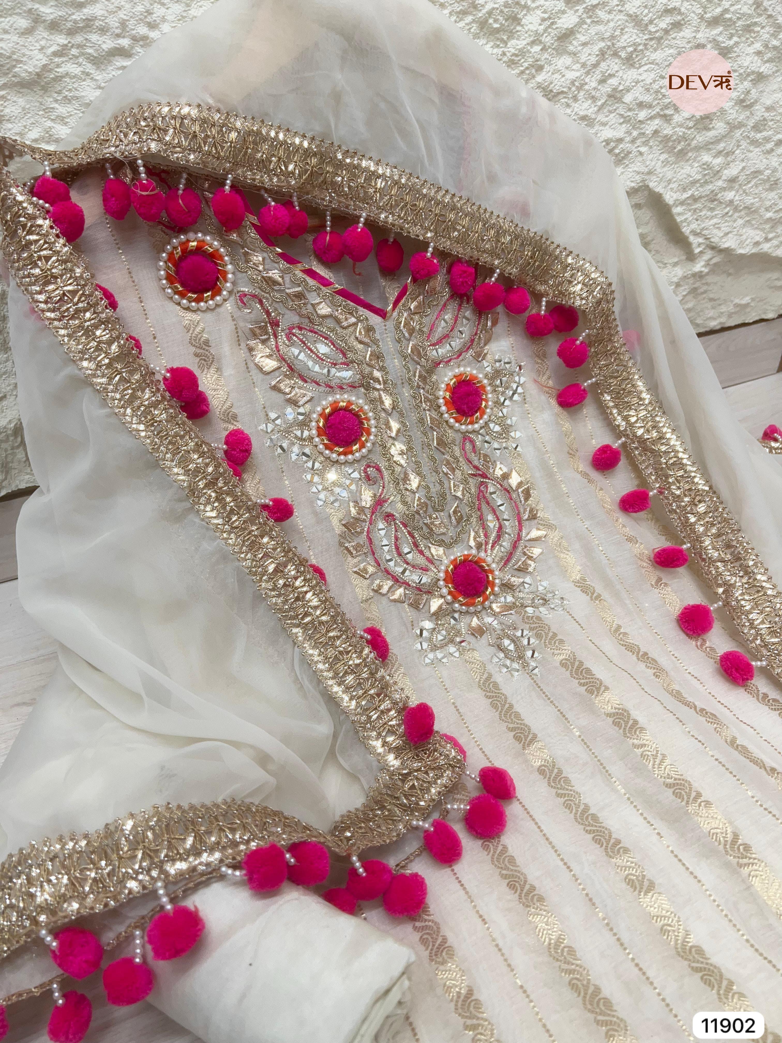 White Tissue Shimmer Silk Unstitched Hand Embroidered -Set Of 3 - {11902}